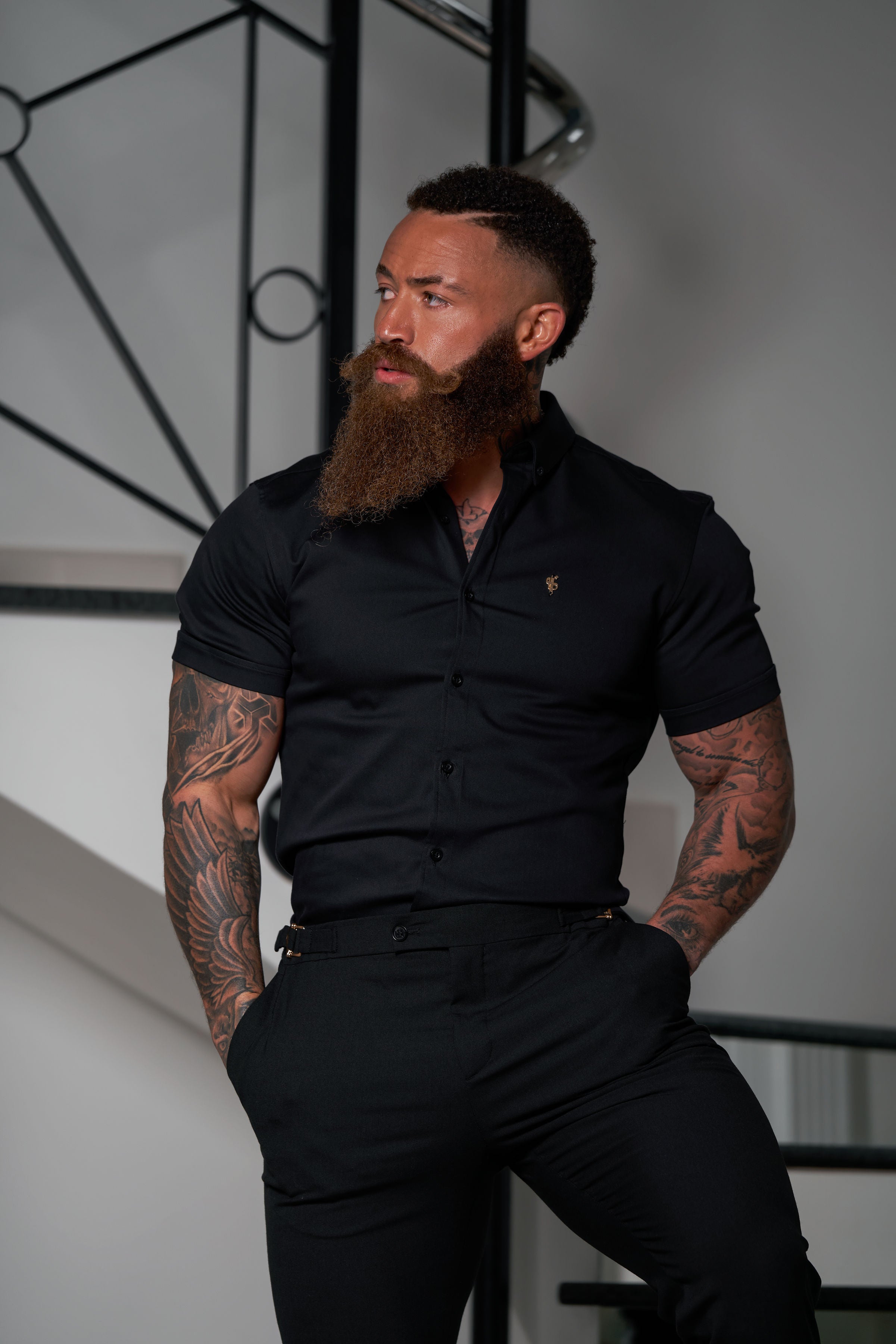 Slim Formal Black Stretch Trousers With Gold Waist Adjusters - FST036