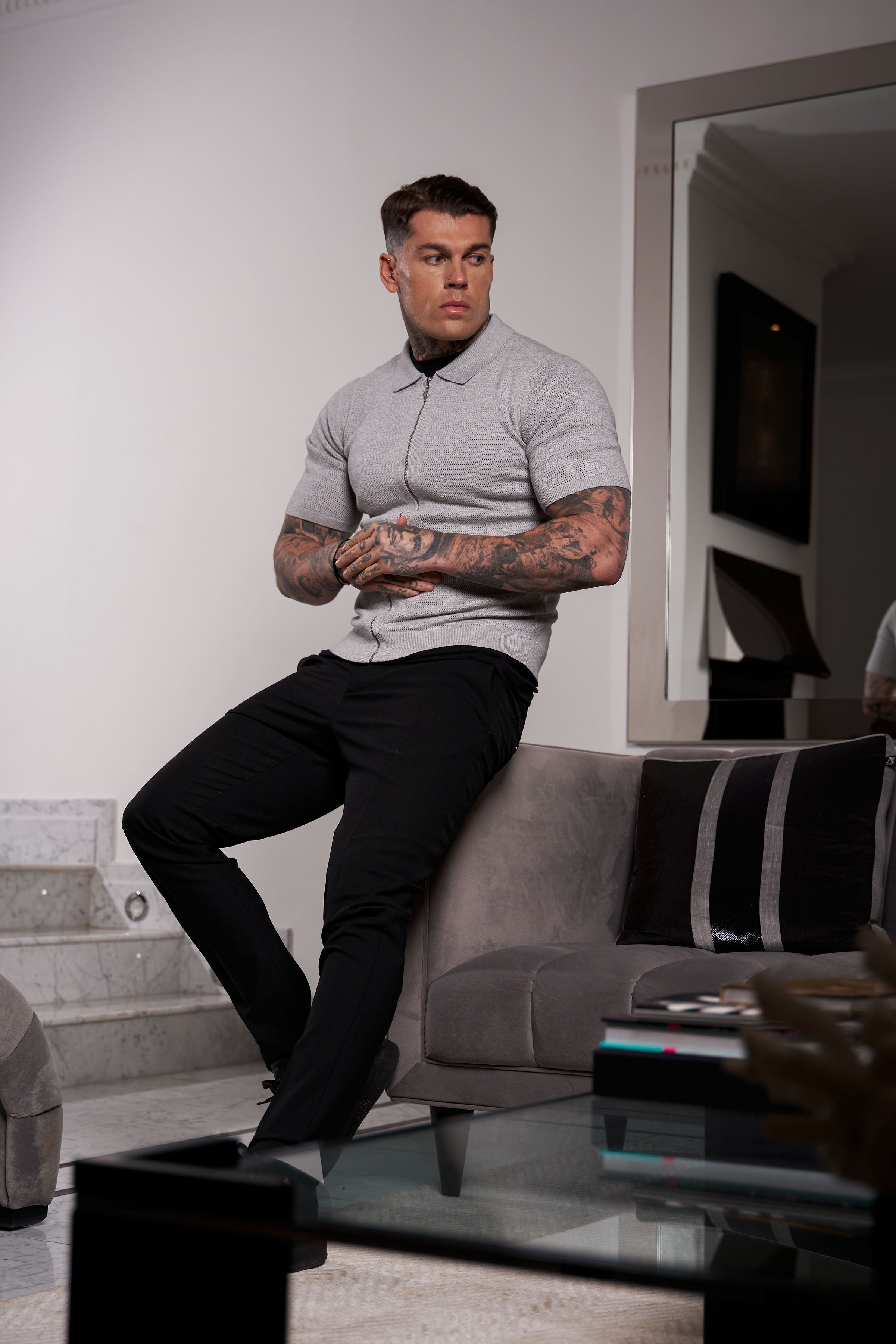 Classic Knitted Textured Design With Full Length Zip Light Grey Short Sleeve - FSN154