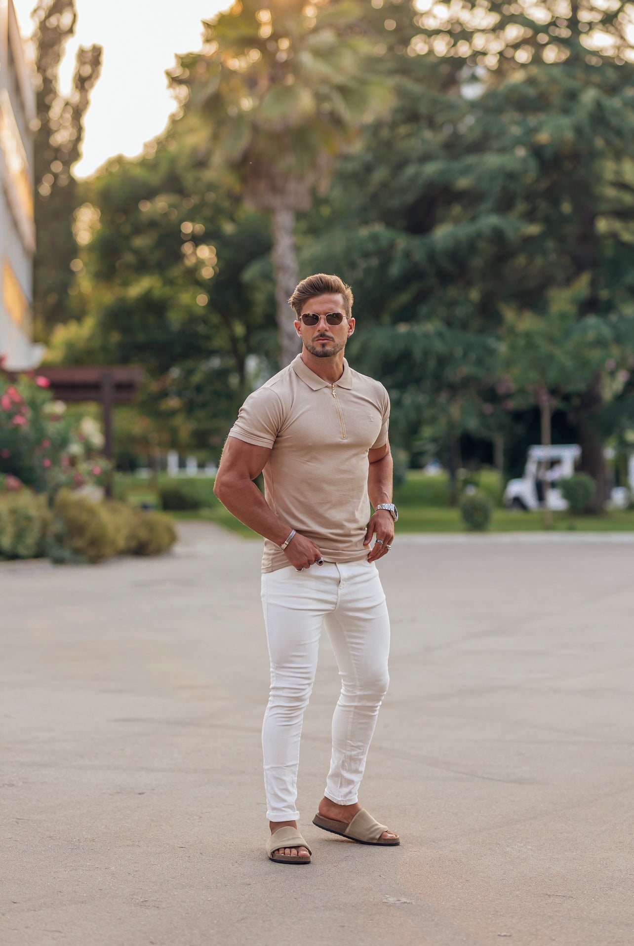 Classic Beige and Gold Zipped Polo Shirt - FSH811