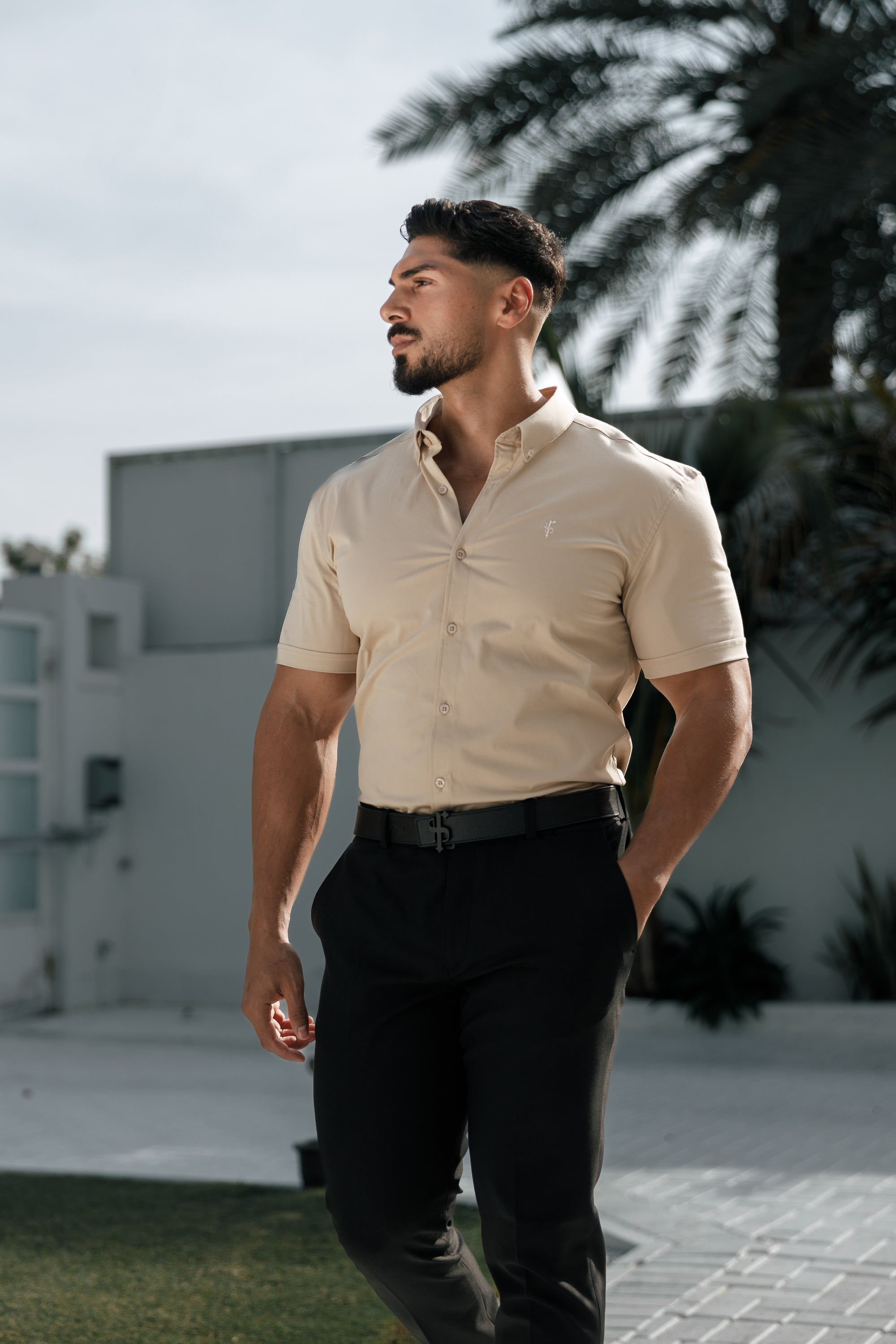 Super Slim Stretch Plain Beige Short Sleeve With Button Down Collar - FS982