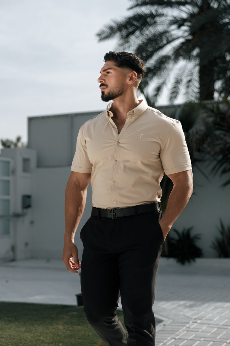 Father Sons Super Slim Stretch Plain Beige Short Sleeve With Button Down Collar - FS982