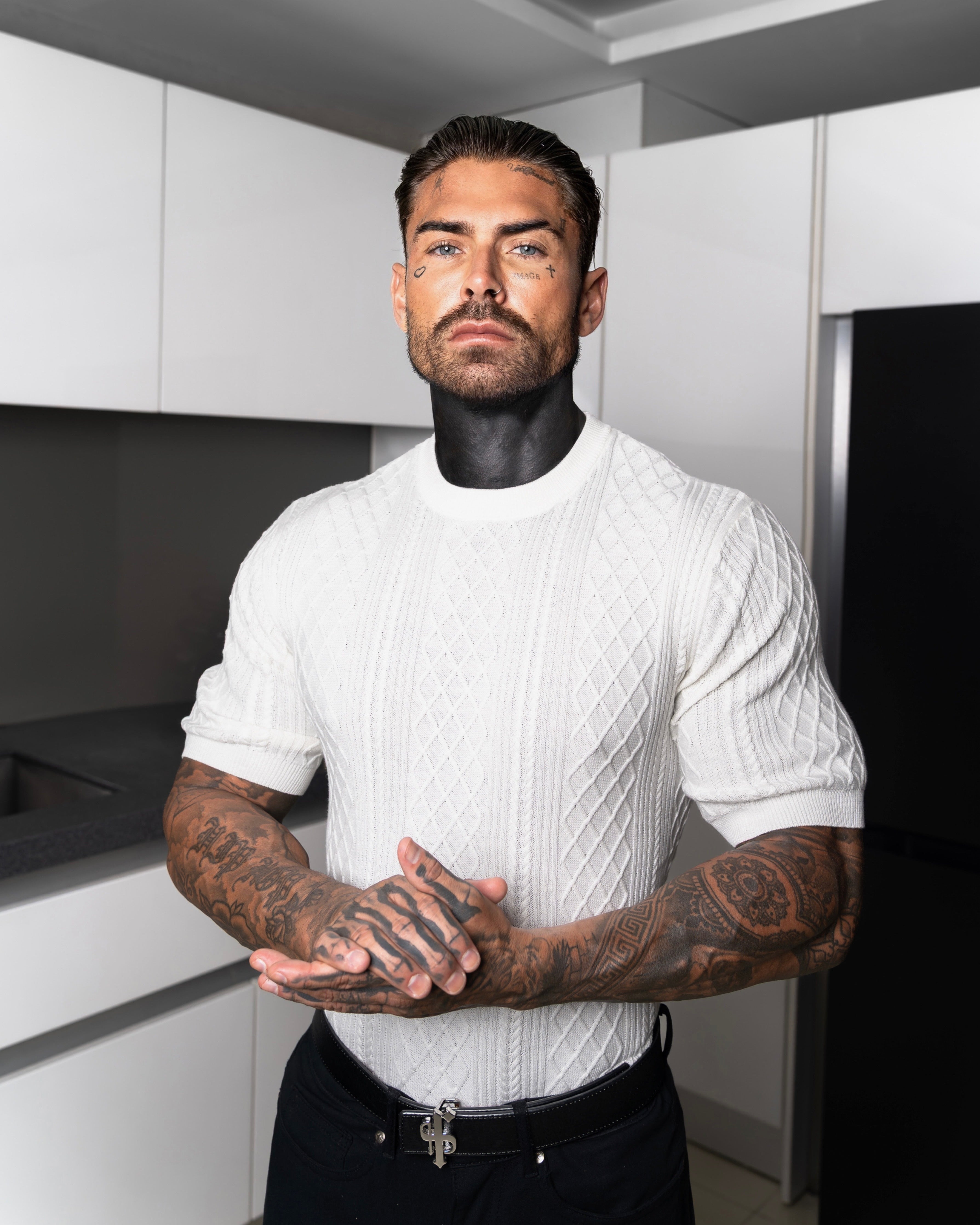 Fine Knit Diamond Off White Jumper Short Sleeve - FSA009