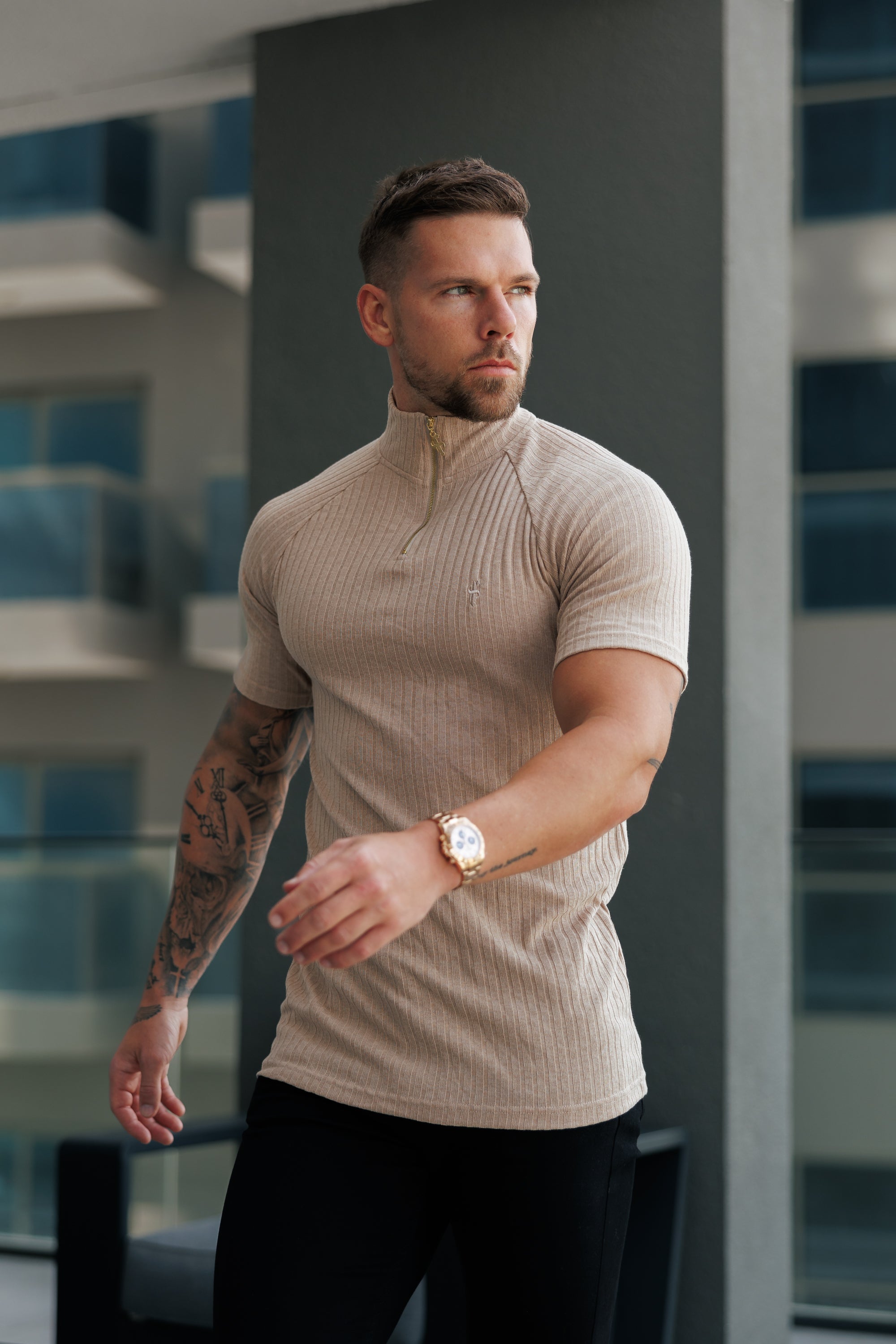 Classic Beige Ribbed Zip Funnel Neck Raglan Short Sleeve Crew - FSH1292