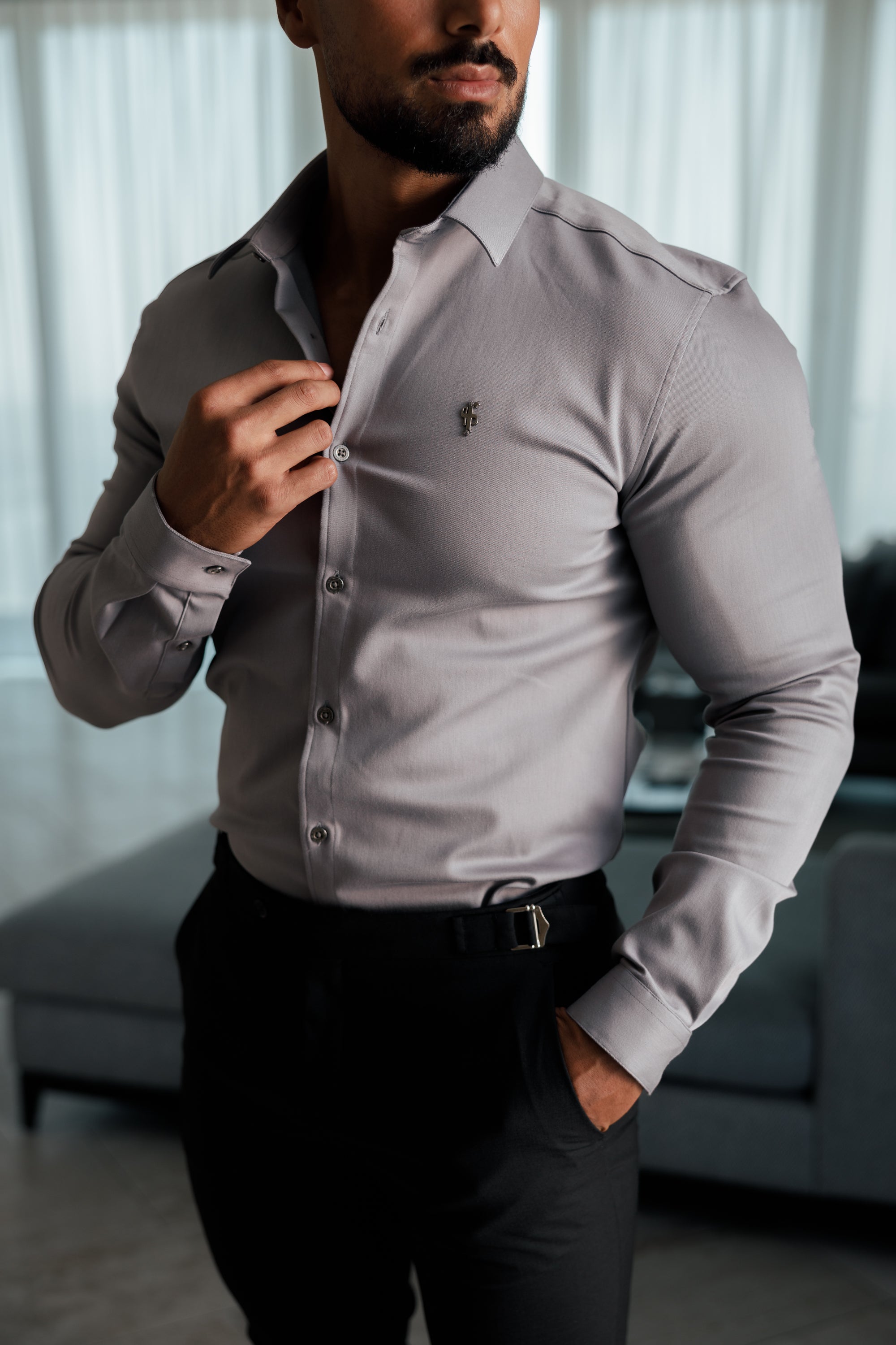 Super Slim Stretch Mid Grey Denim Long Sleeve With Metal Buttons and Decal - FS1022