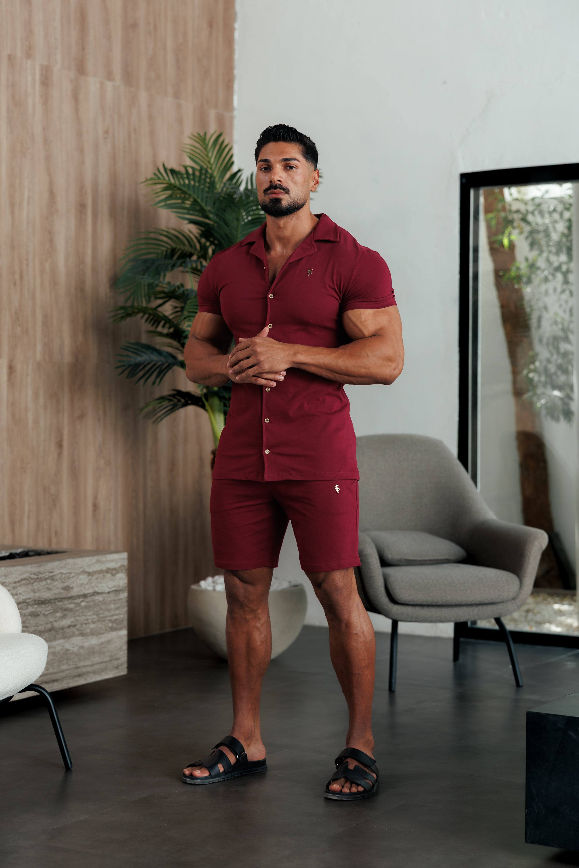 Stretch Wine / Gold Pique Revere Shirt Short Sleeve - FSH1388