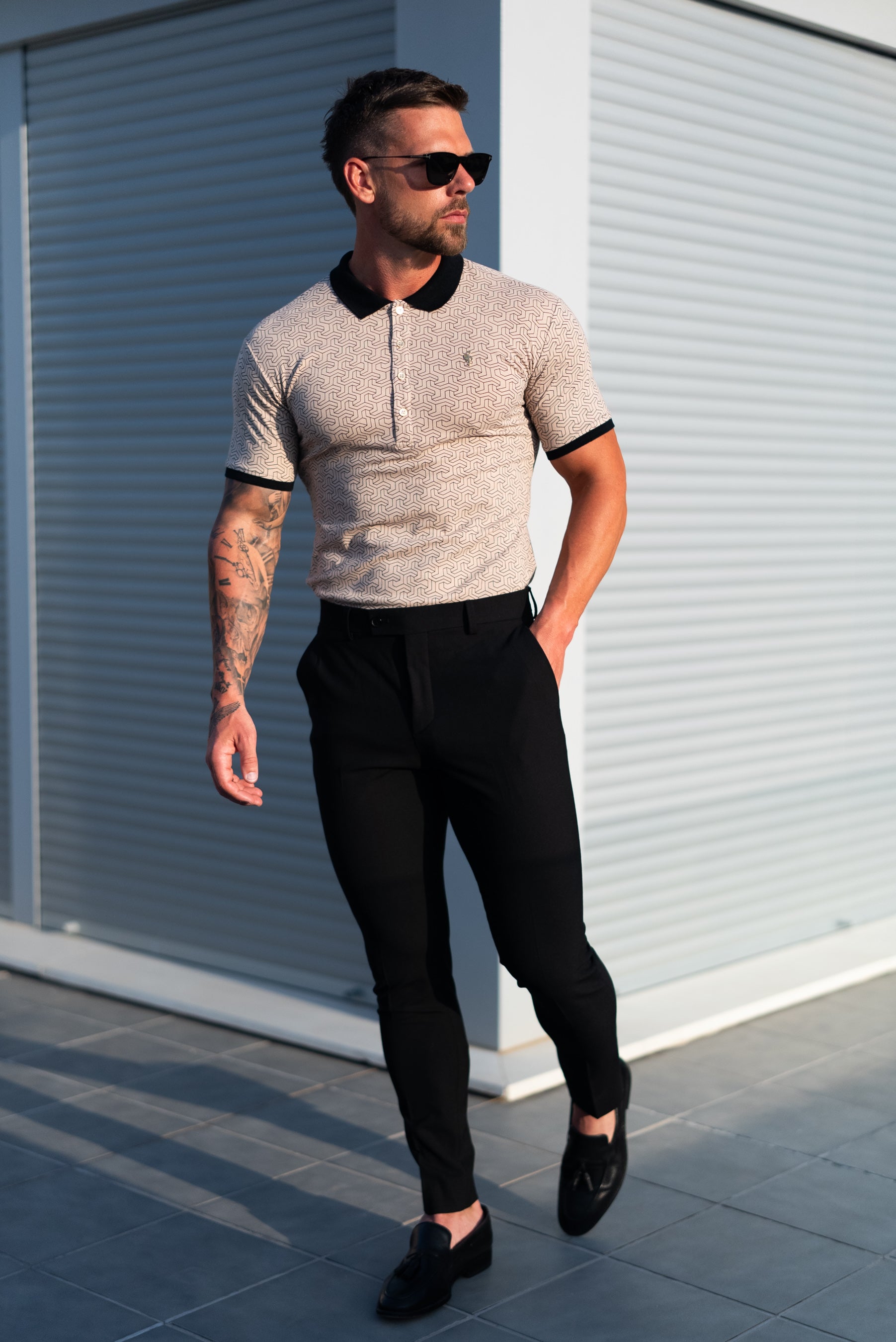 Black / Beige Geo Printed Polo Shirt - FSH1234