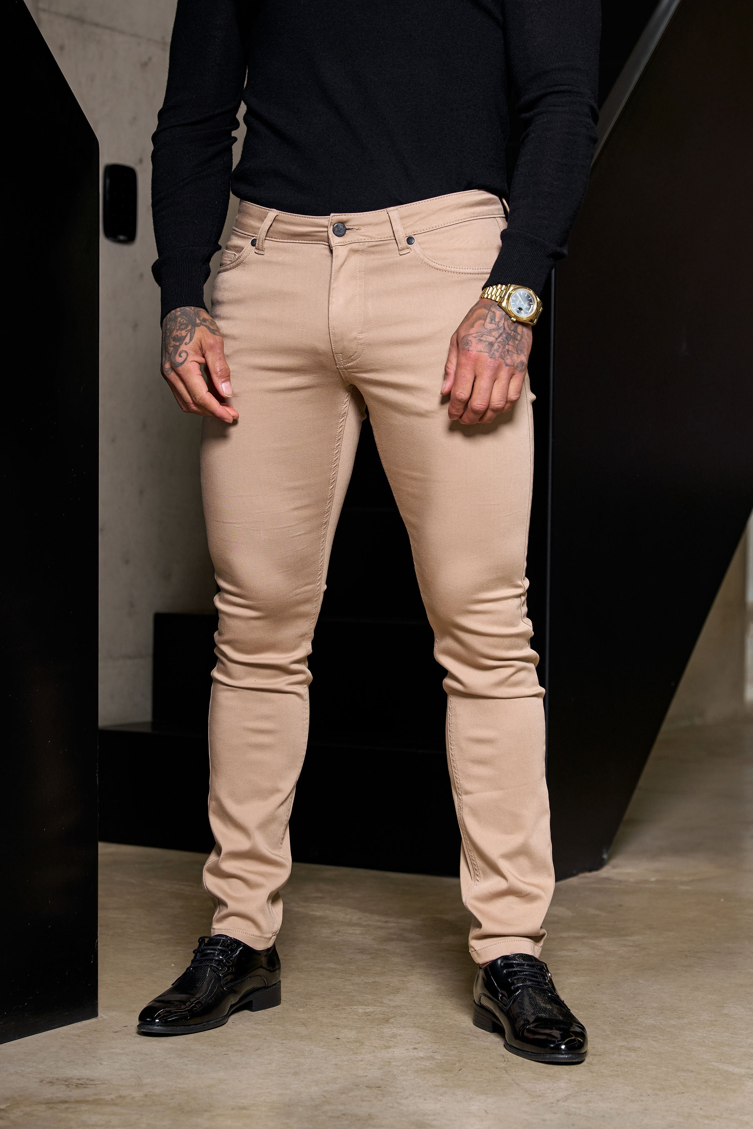 Slim Stretch Beige Relaxed Sateen Trousers - FSH1303