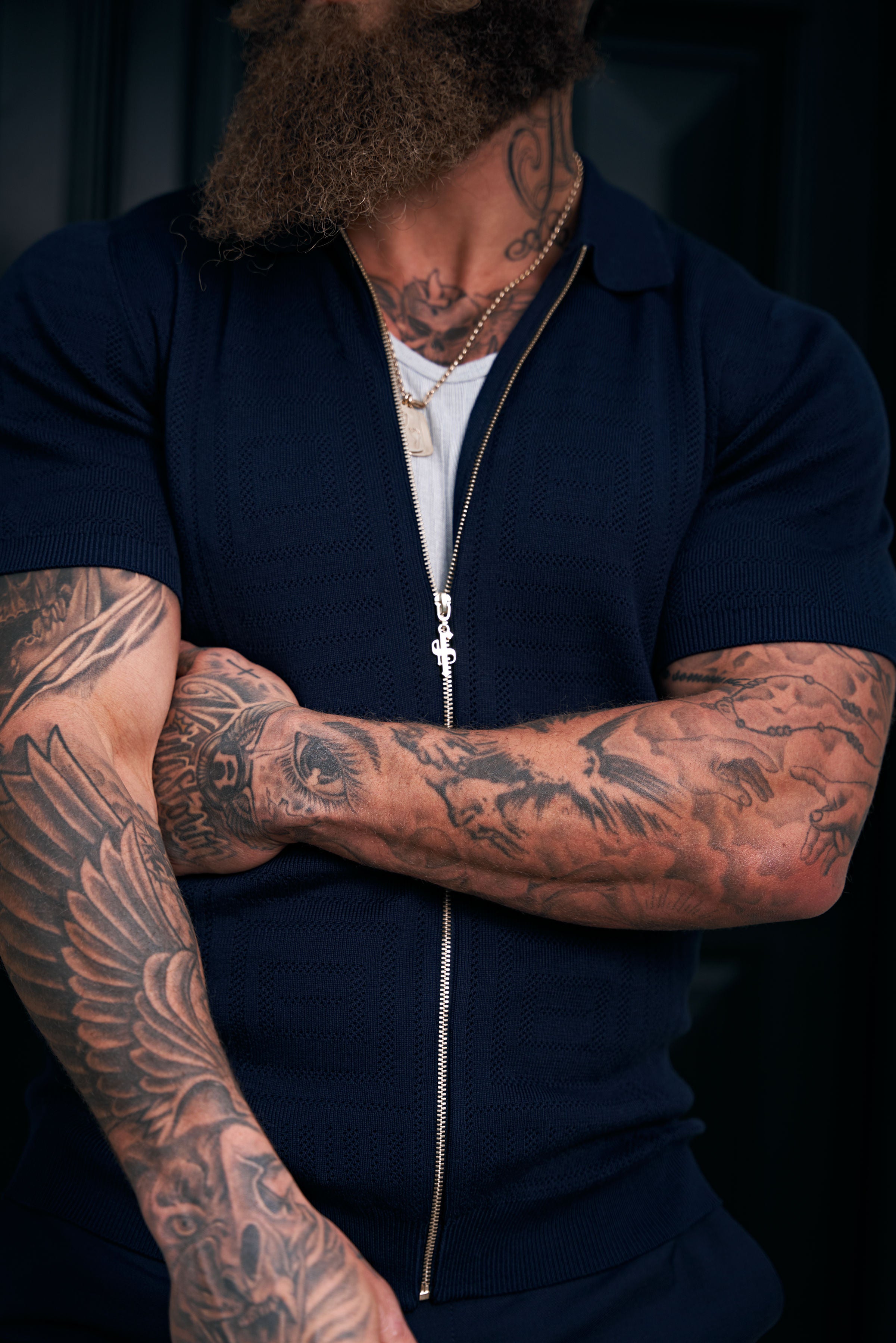 Classic Knitted Geo Design With Full Length Zip Navy Short Sleeve - FSN149