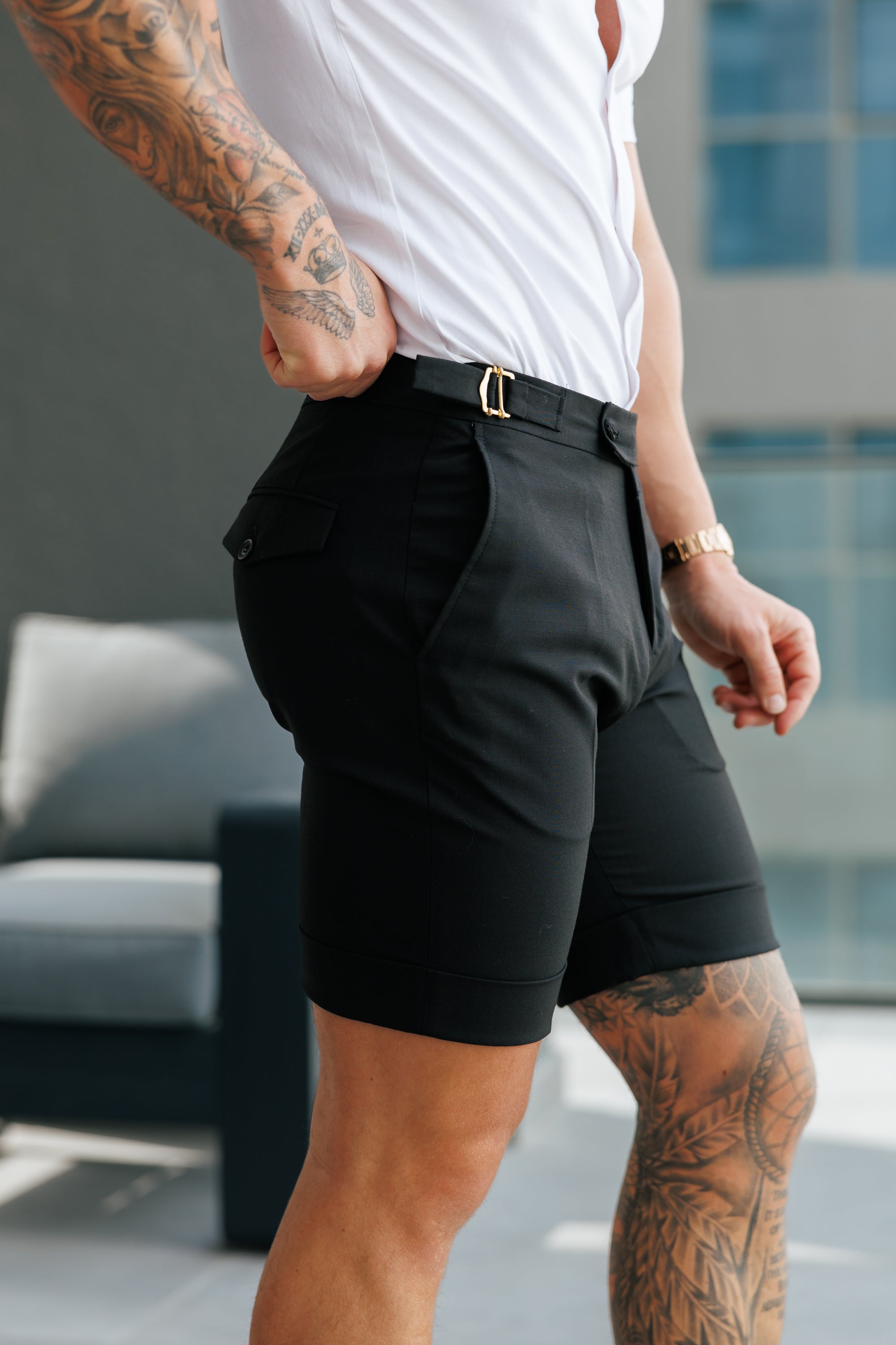 Tailored Black Shorts With Gold Buckle Adjusters - FSTS006