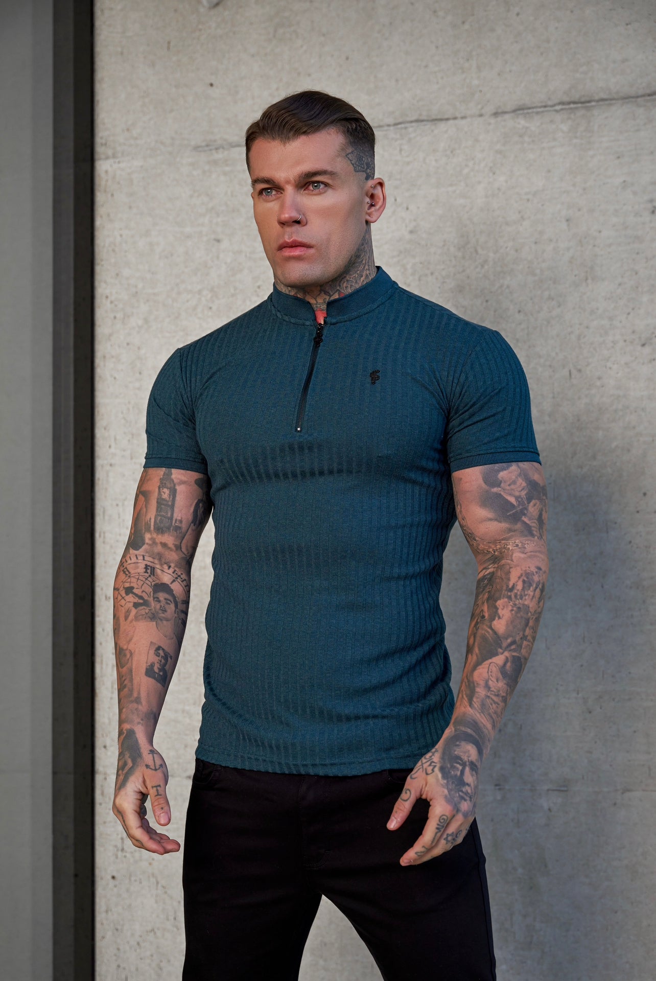 Classic Forest Green / Black Ribbed Black Zip Grandad Collar Shirt Short Sleeve - FSH917