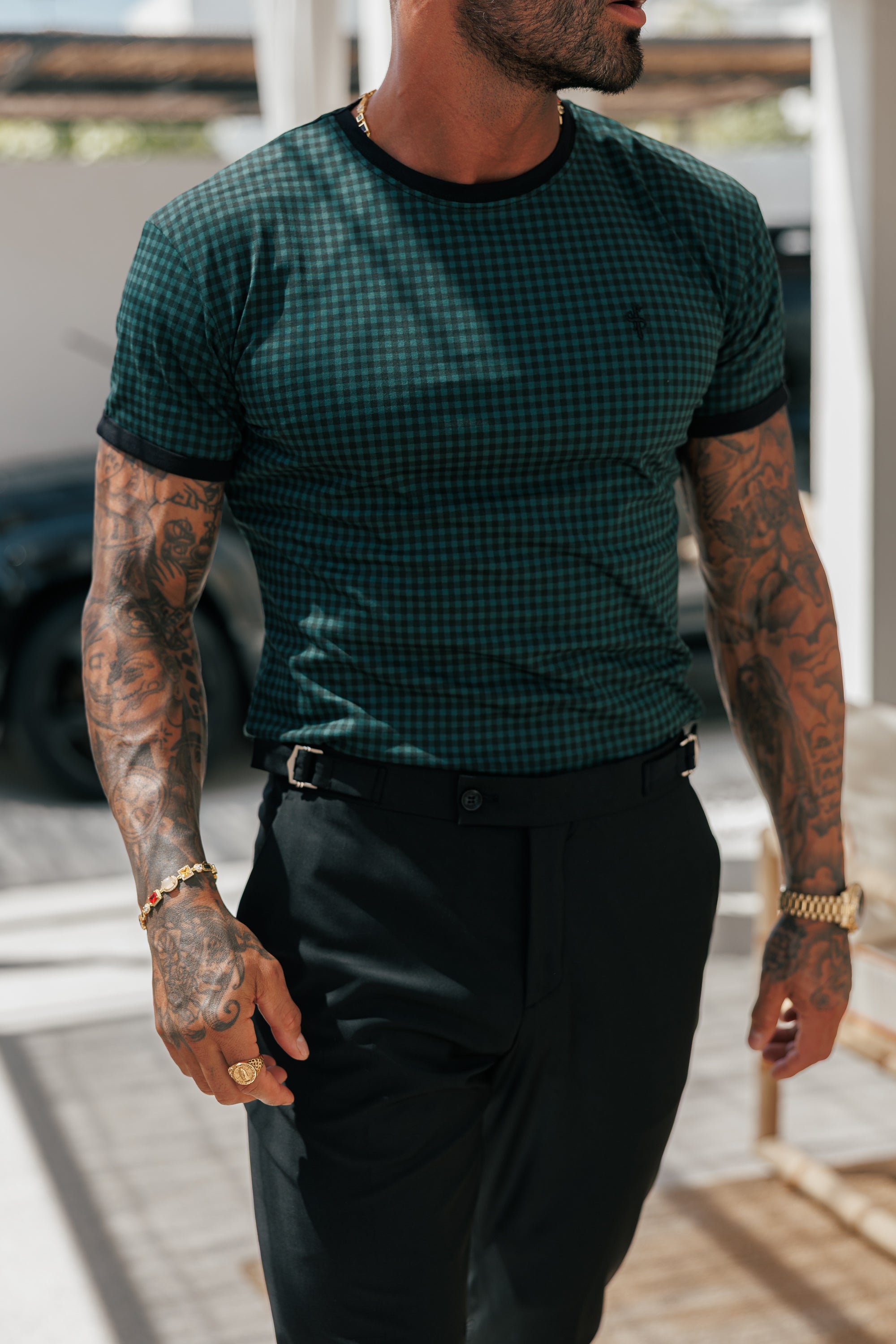 Printed Forest Green / Black Check Fitted T Shirt - FSH1241