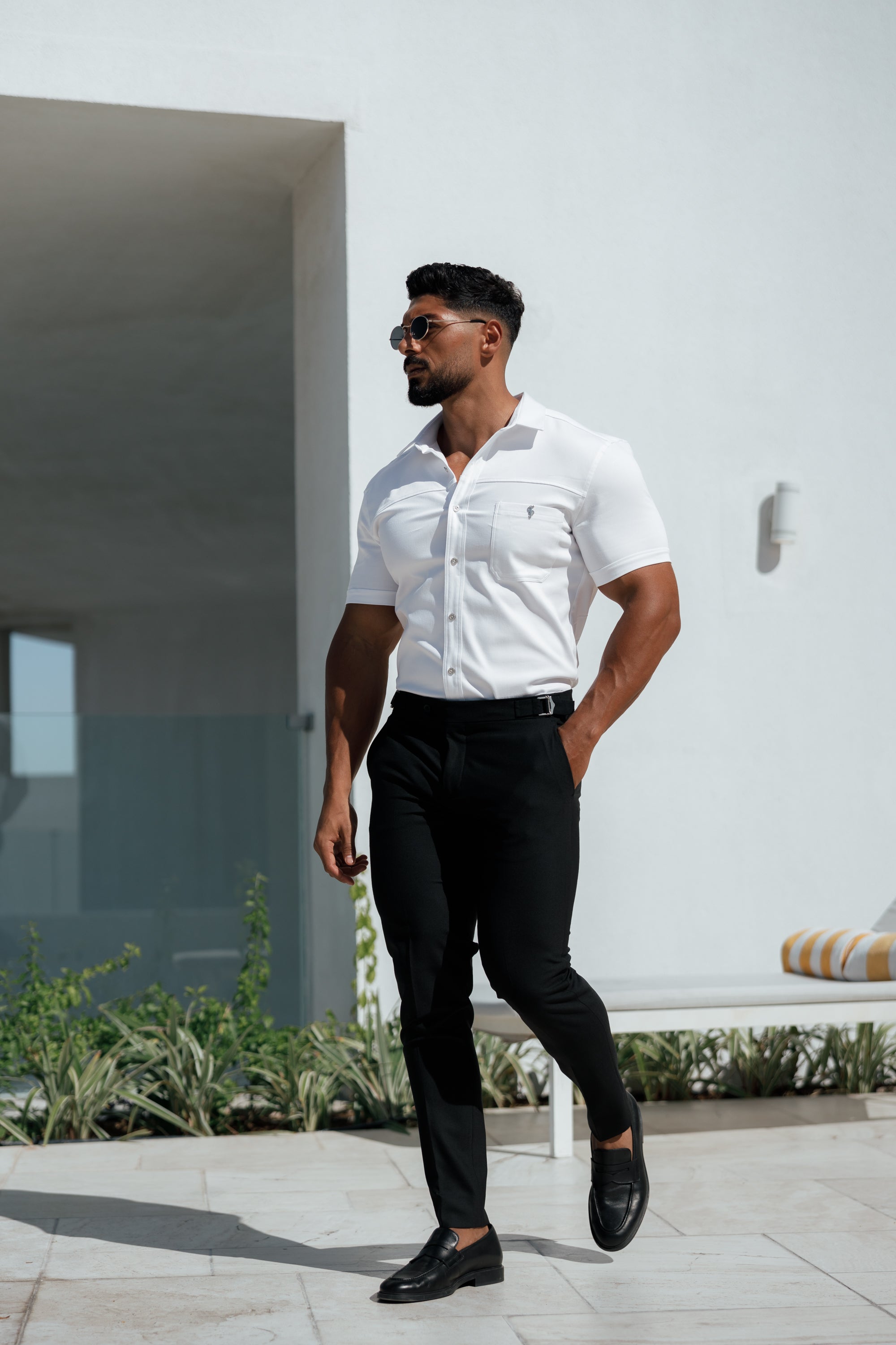 Super Slim Stretch White Denim Short Sleeve with Horizontal Seam and Pocket- FS956