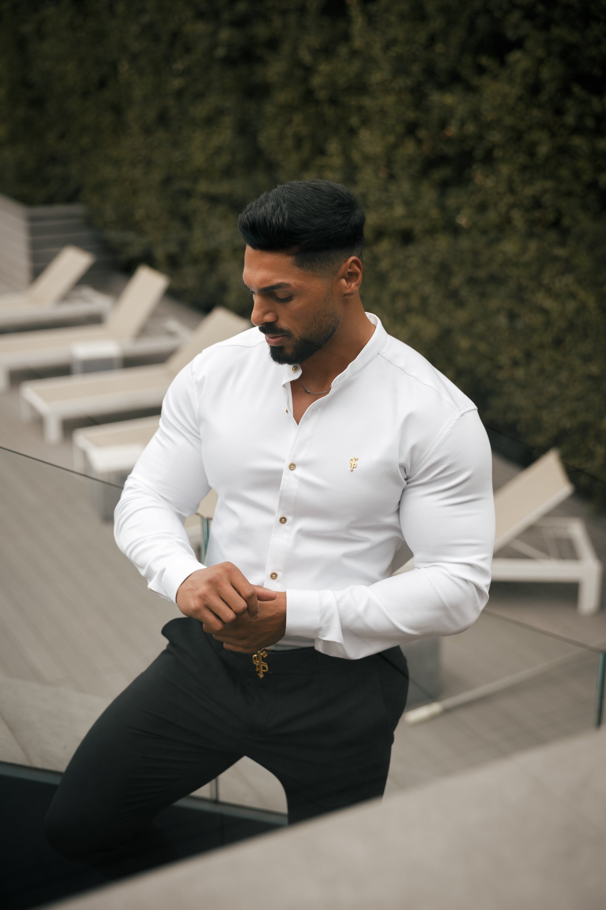 Super Slim Stretch White Denim Long Sleeve Grandad collar with Metal Buttons and Decal Emblem - FS719