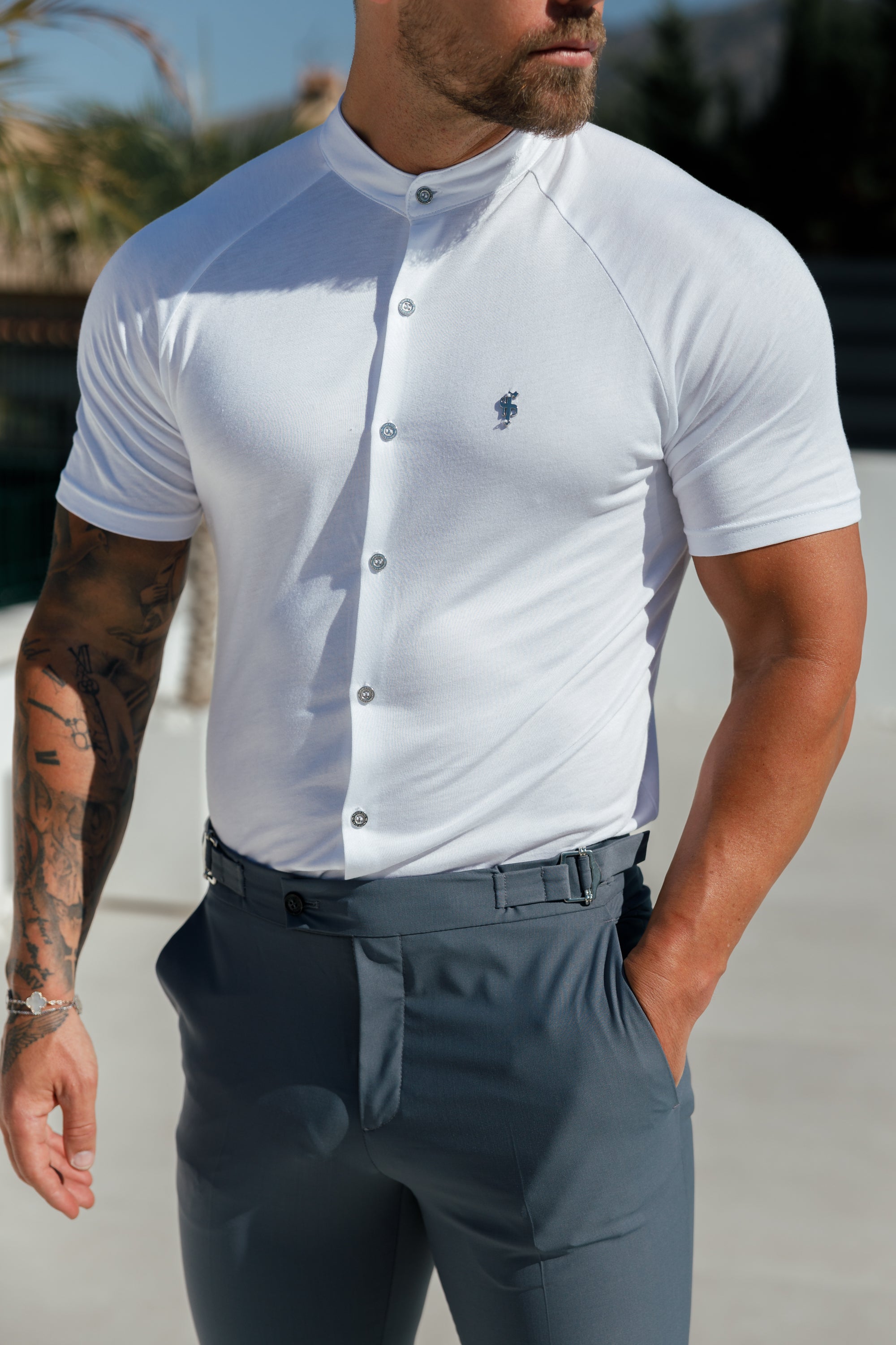 Slim Bamboo Raglan Grandad Collar White - FSH1134