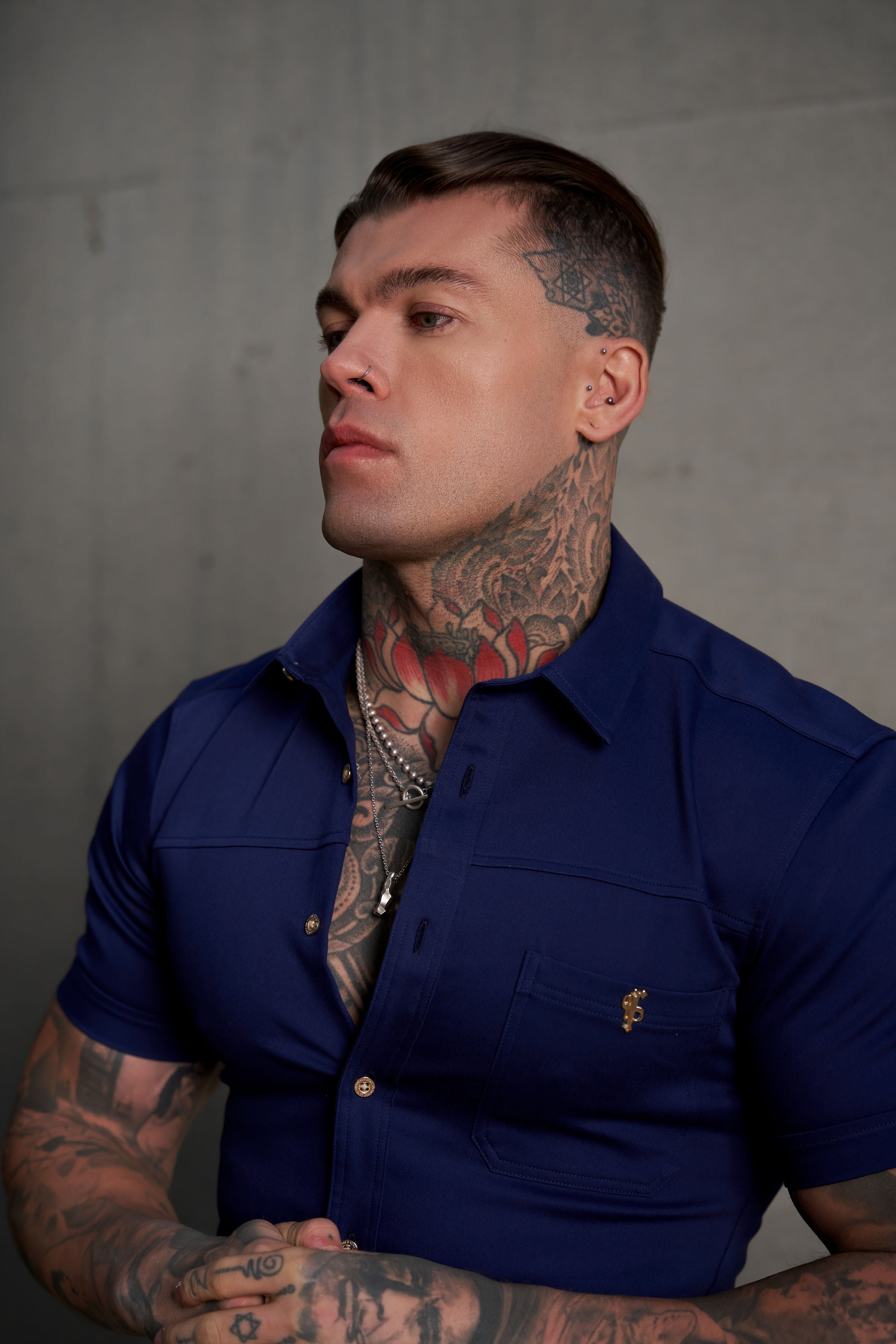 Super Slim Stretch Navy Denim Short Sleeve with Horizontal Seam and Pocket- FS959