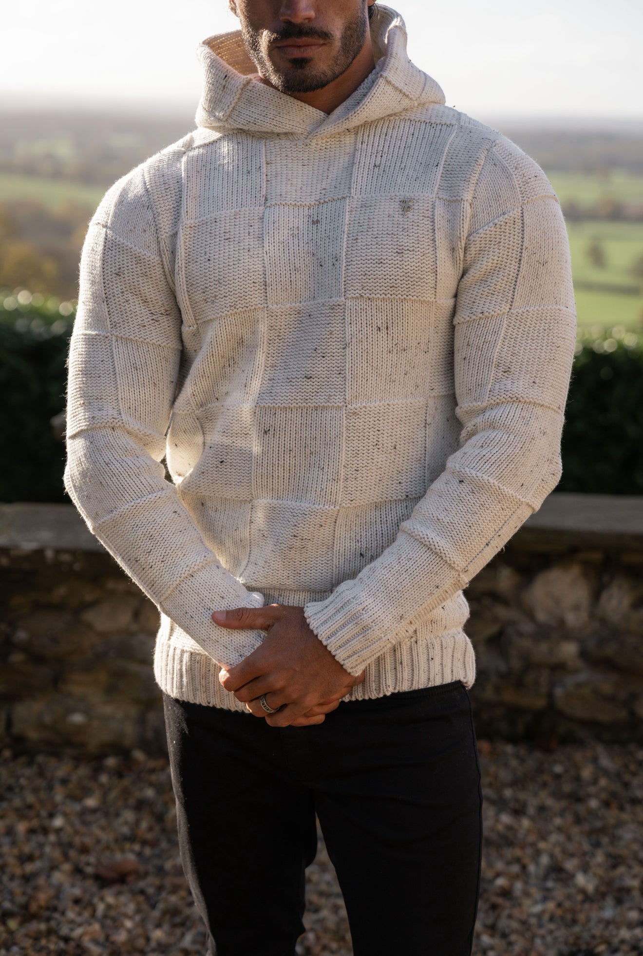 Beige Fleck Checkerboard Knitted Hoodie - FSJ133