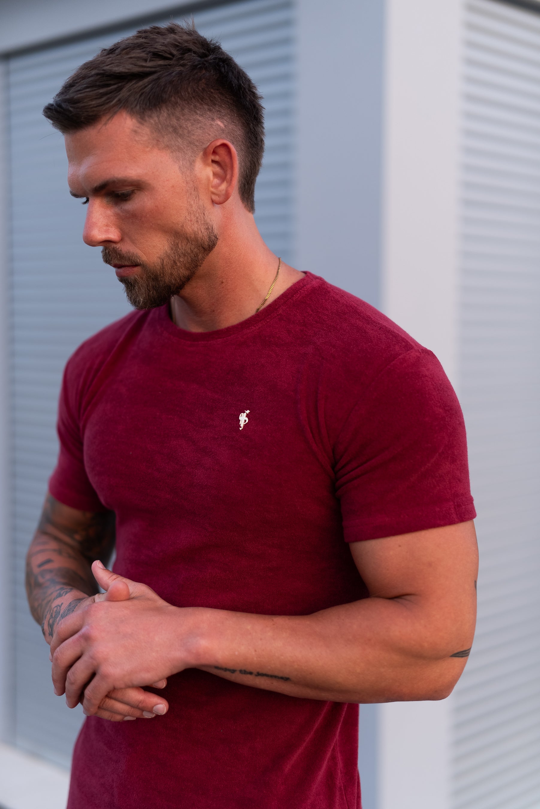 Burgundy / Gold Towelling Crew T Shirt - FSH1349