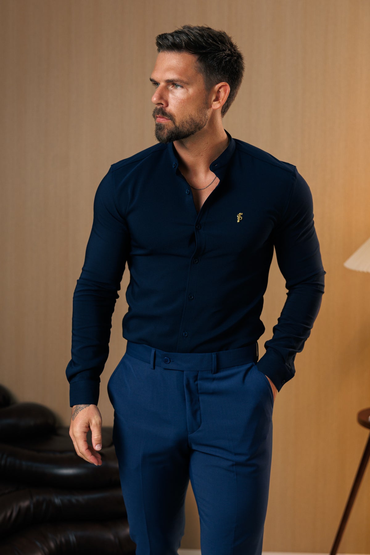 Super Slim Scuba Navy Long Sleeve Stretch With Grandad Collar With Gold Decal - FS1265