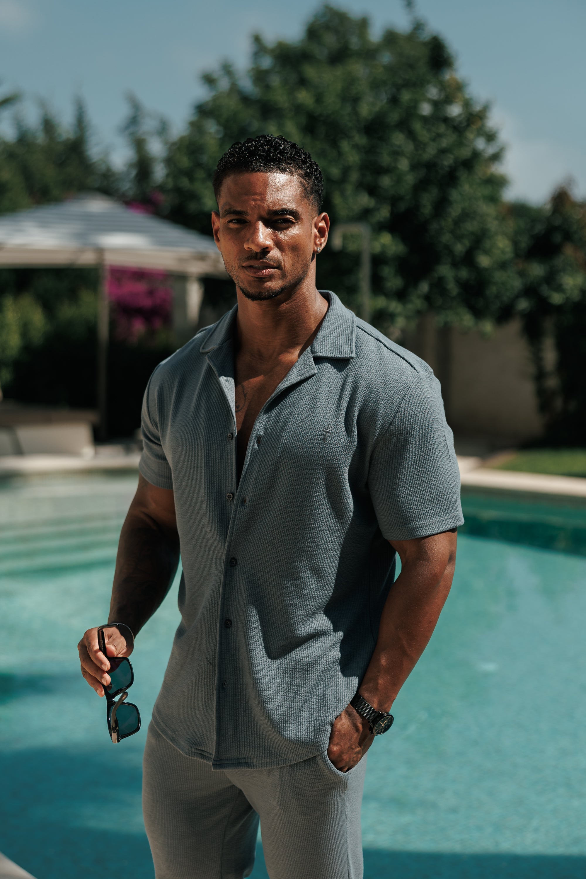 Jersey Cord Stretch Gunmetal Revere Shirt Short Sleeve - FSR076