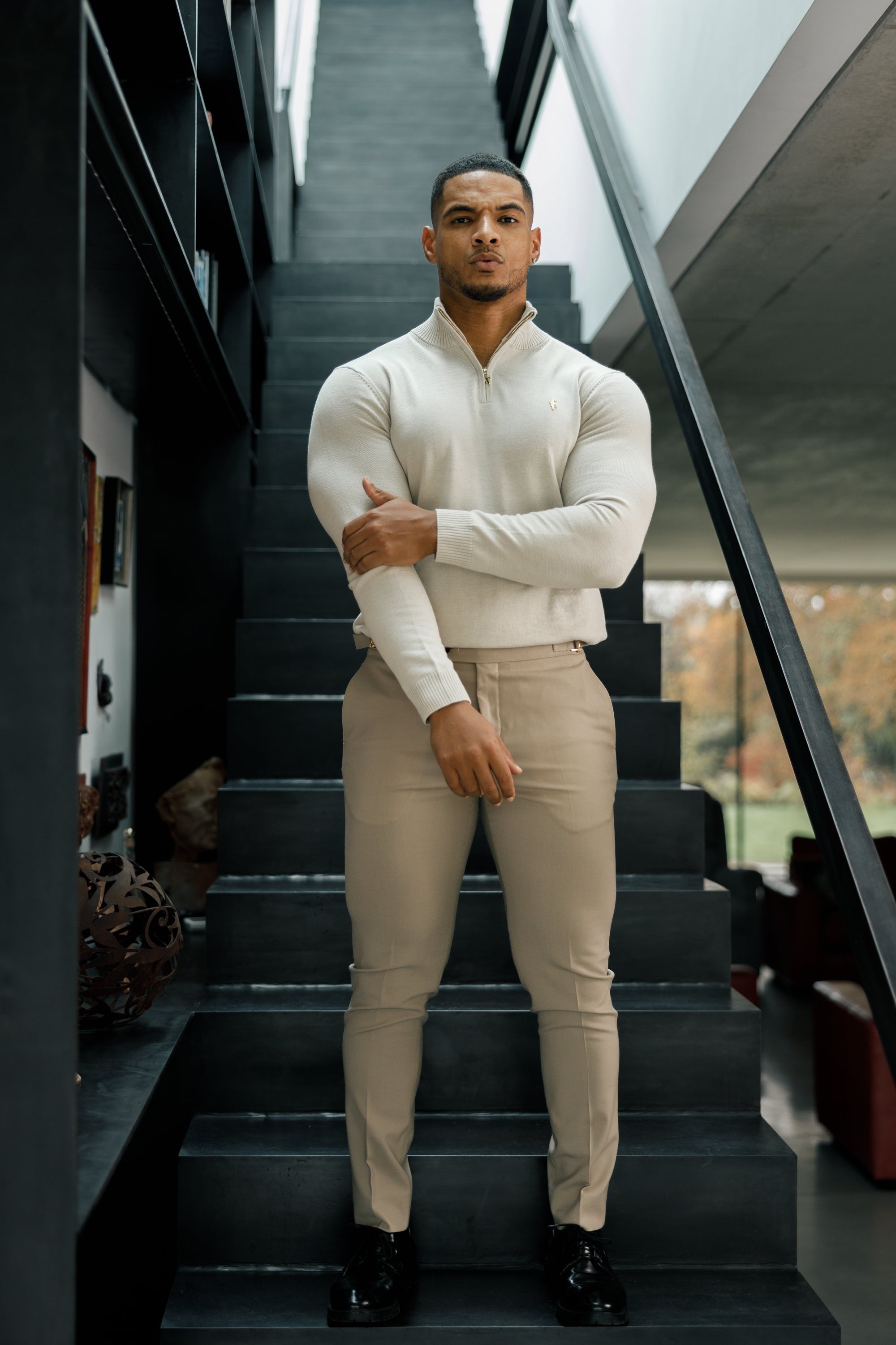 Beige Funnel Neck Knitted Jumper With FS Branding - FSN190