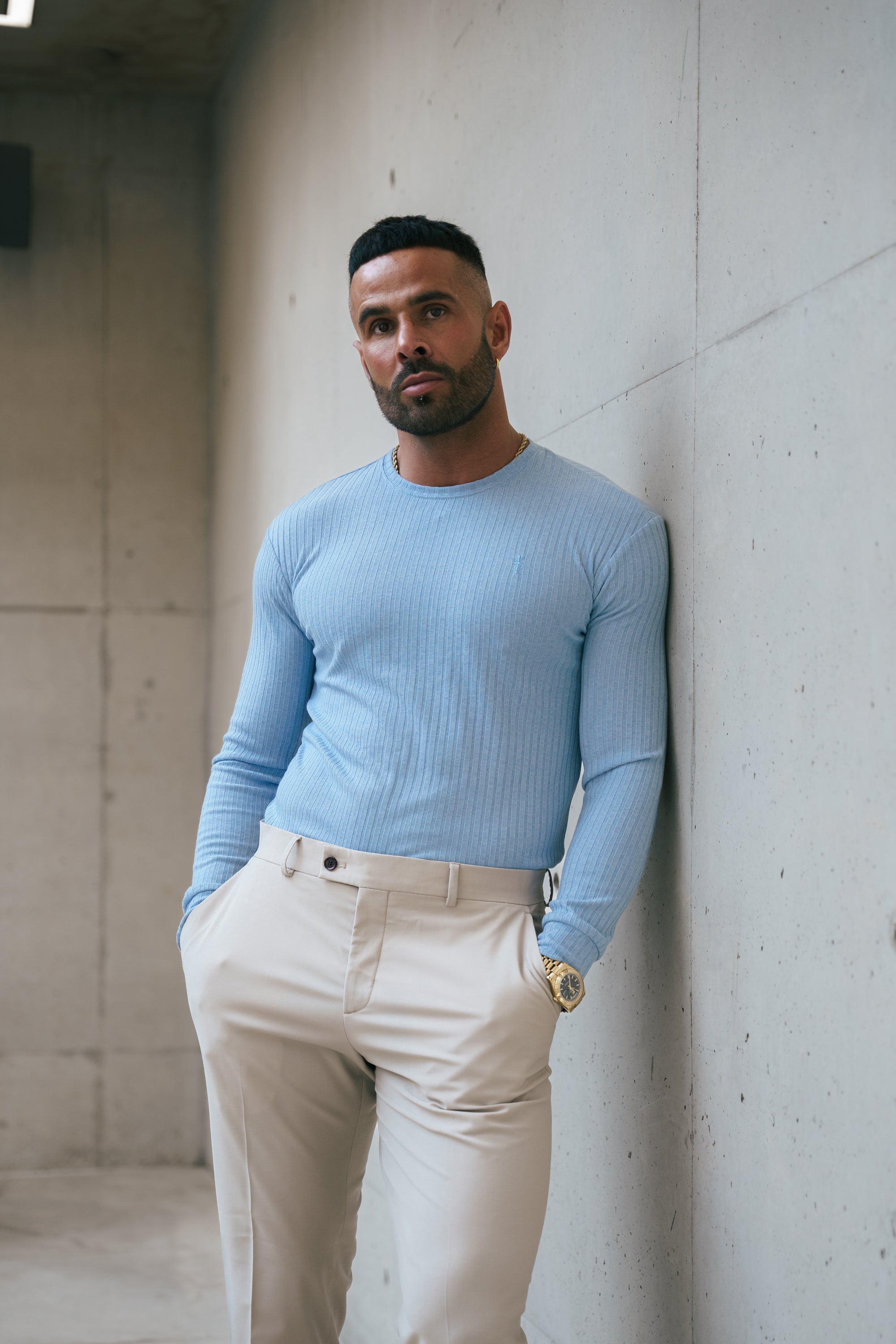 Classic Light Blue Ribbed Knit Jumper With Tonal Embroidery - FSH1286