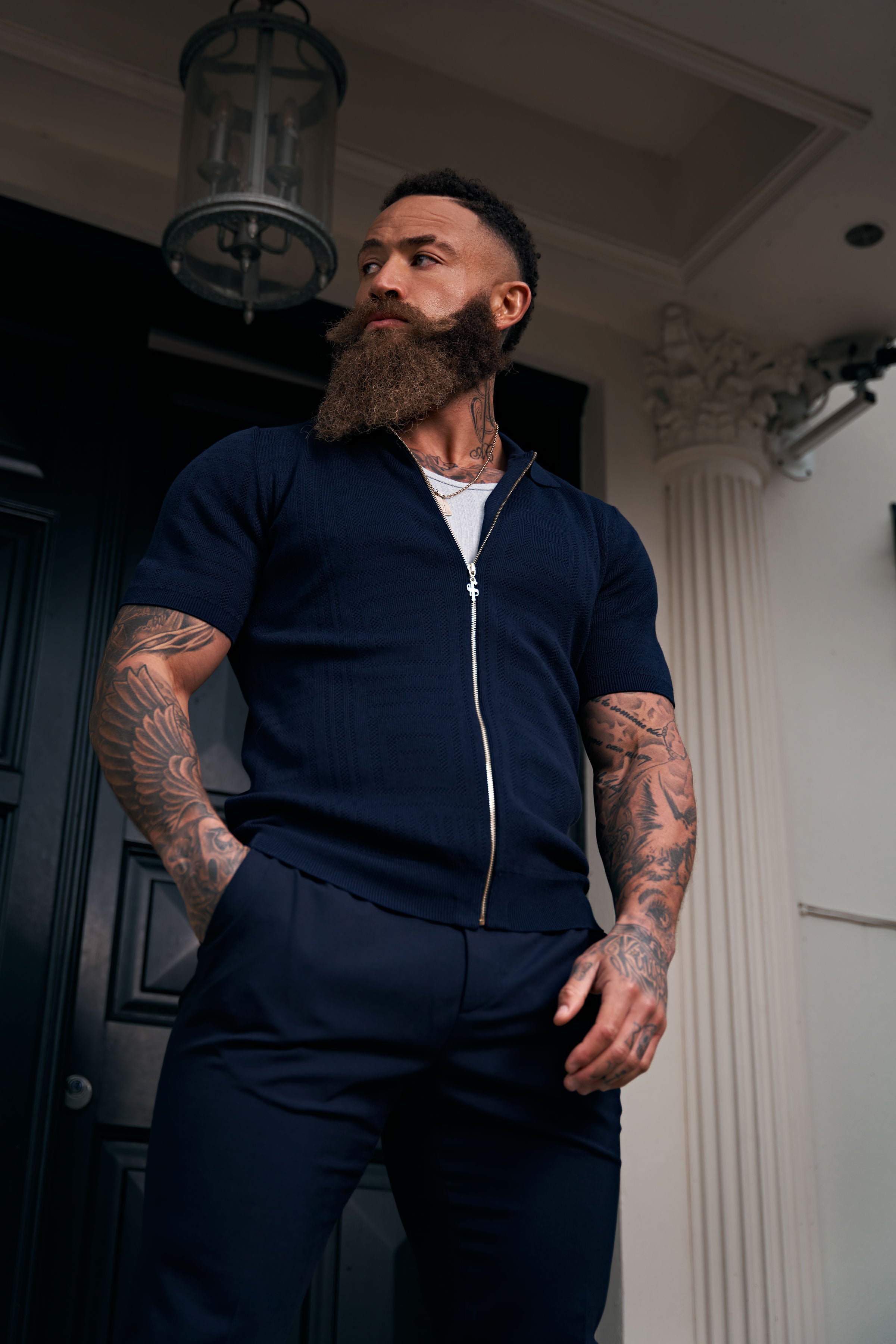 Classic Knitted Geo Design With Full Length Zip Navy Short Sleeve - FSN149