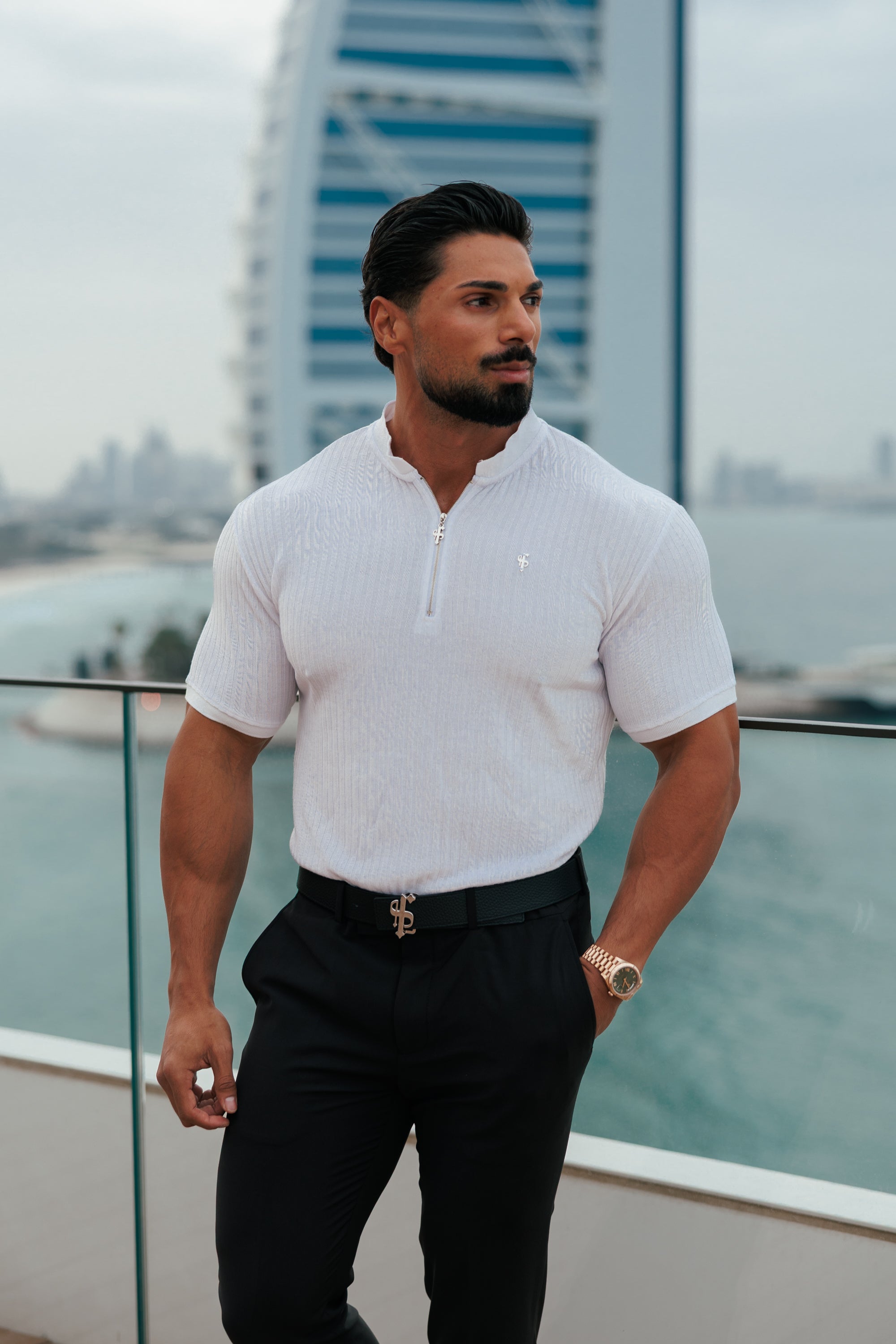 Classic White / Silver Ribbed Zip Grandad Collar Shirt Short Sleeve - FSH1447