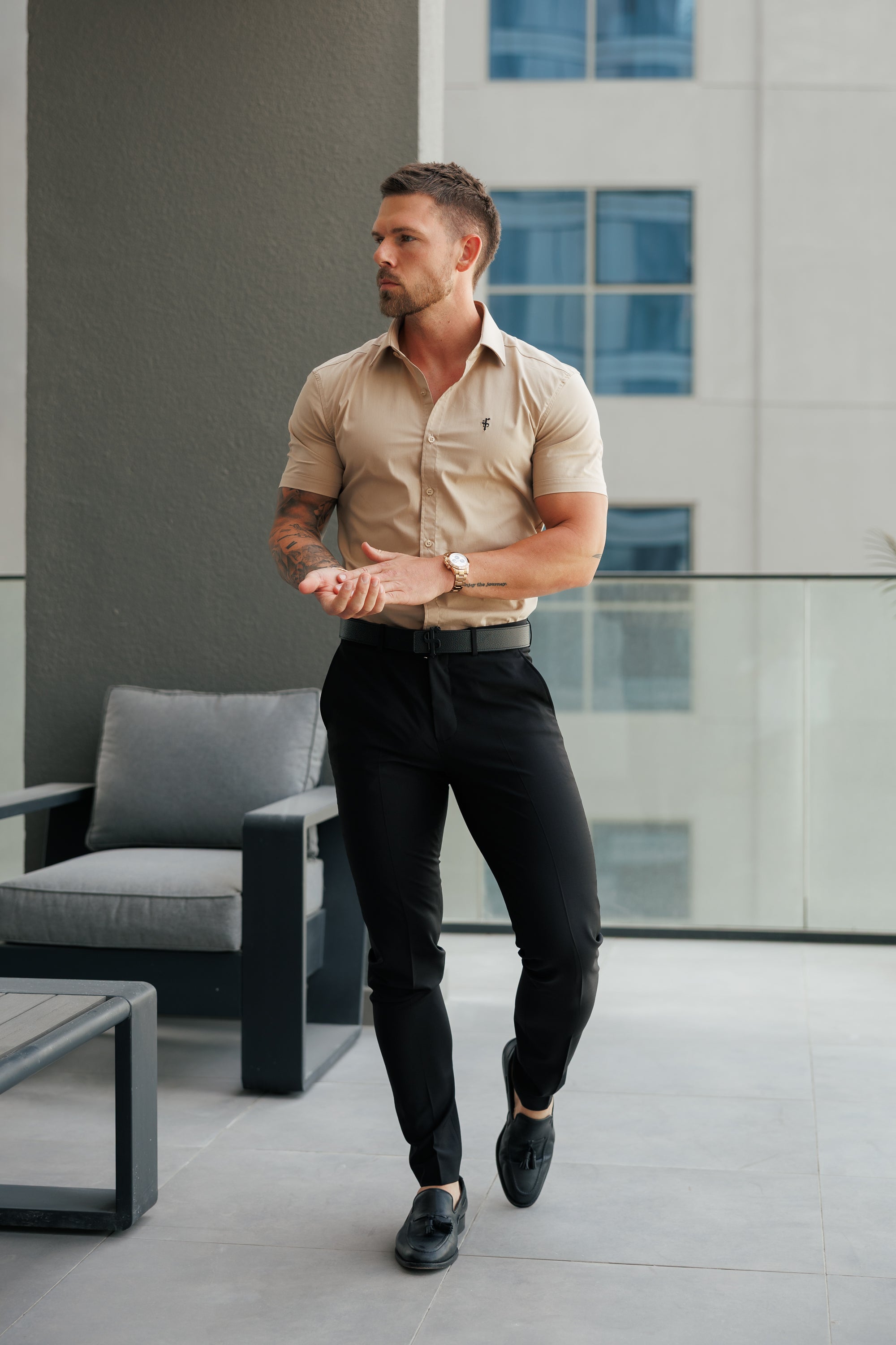 Super Slim Stretch Beige Short Sleeve with Cutaway Collar - FS1161 (PRE ORDER 31ST MAY)