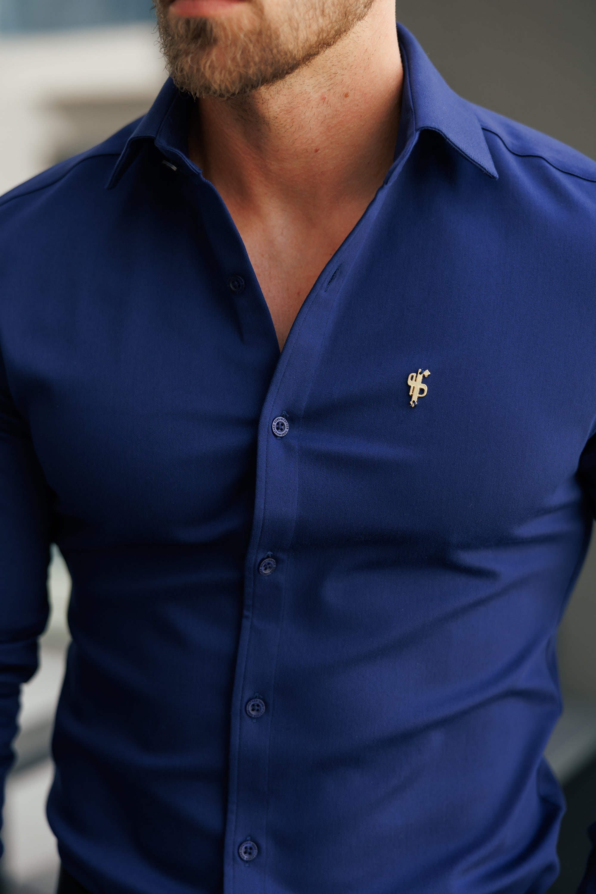 Super Slim Stretch Navy Denim Long Sleeve with Cutaway Collar - FS1149