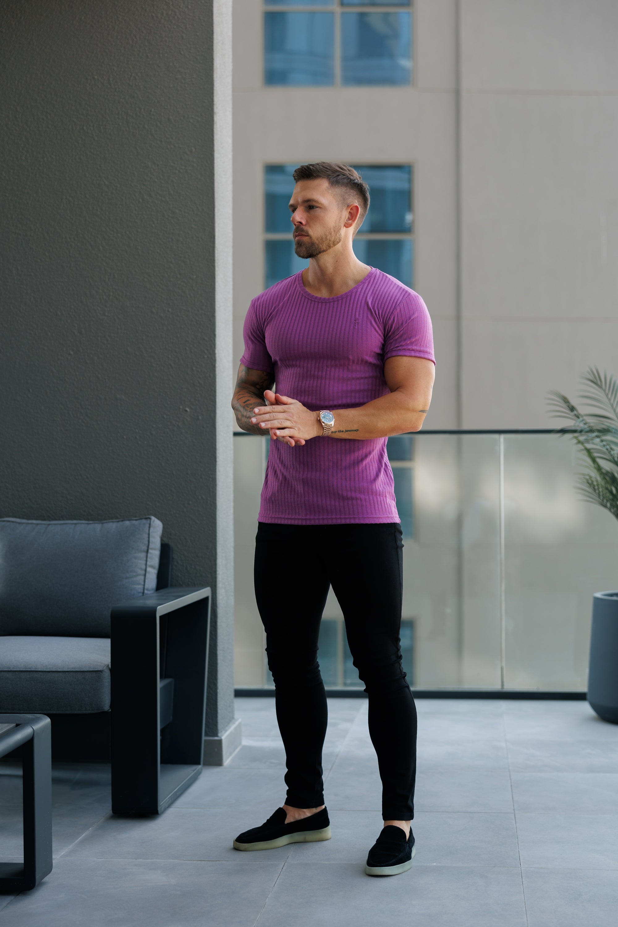 Classic Light Purple Ribbed Knit Super Slim Short Sleeve Crew - FSH1161