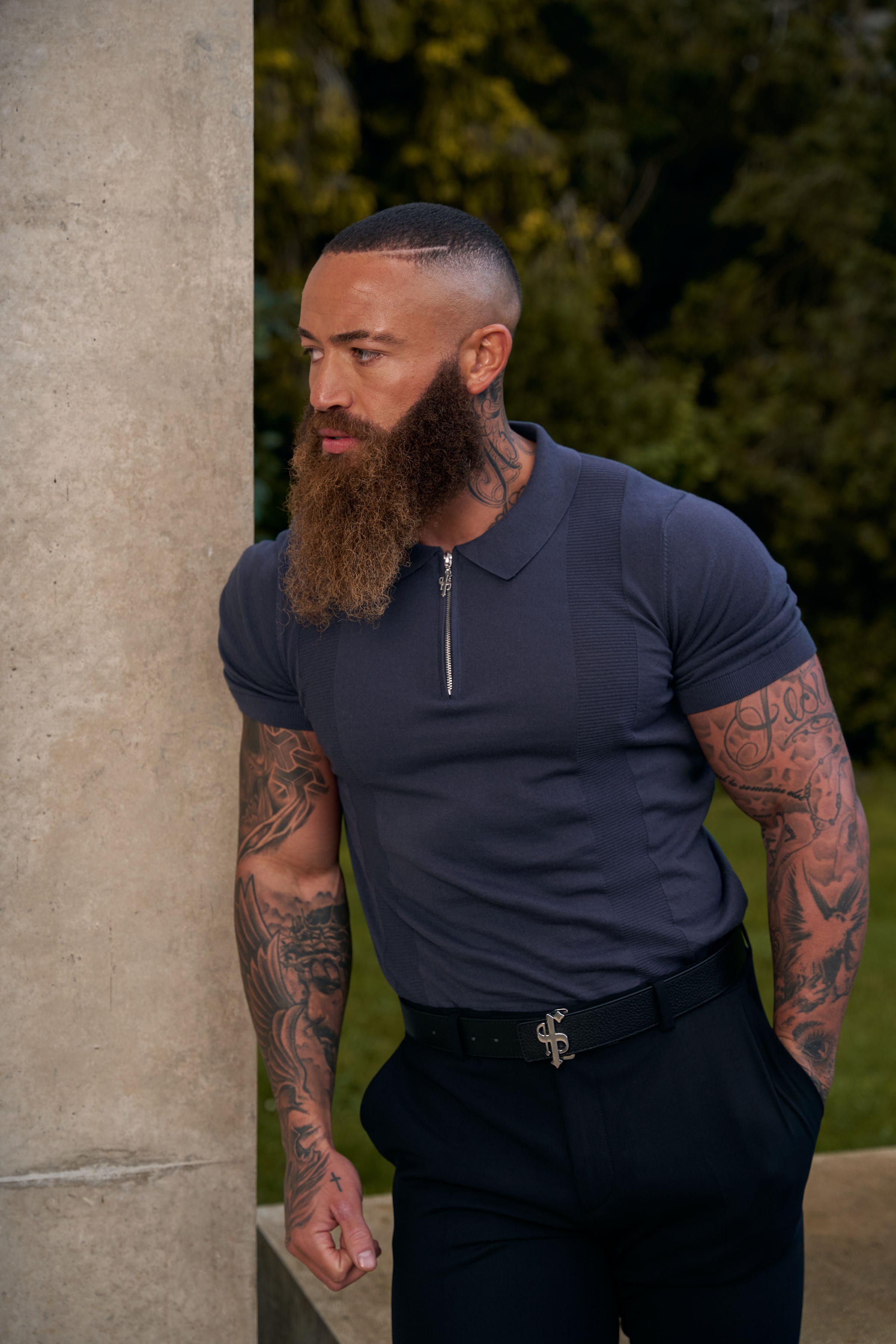 Classic Gunmetal and Silver Zip Knitted Polo Shirt Short Sleeve - FSN133