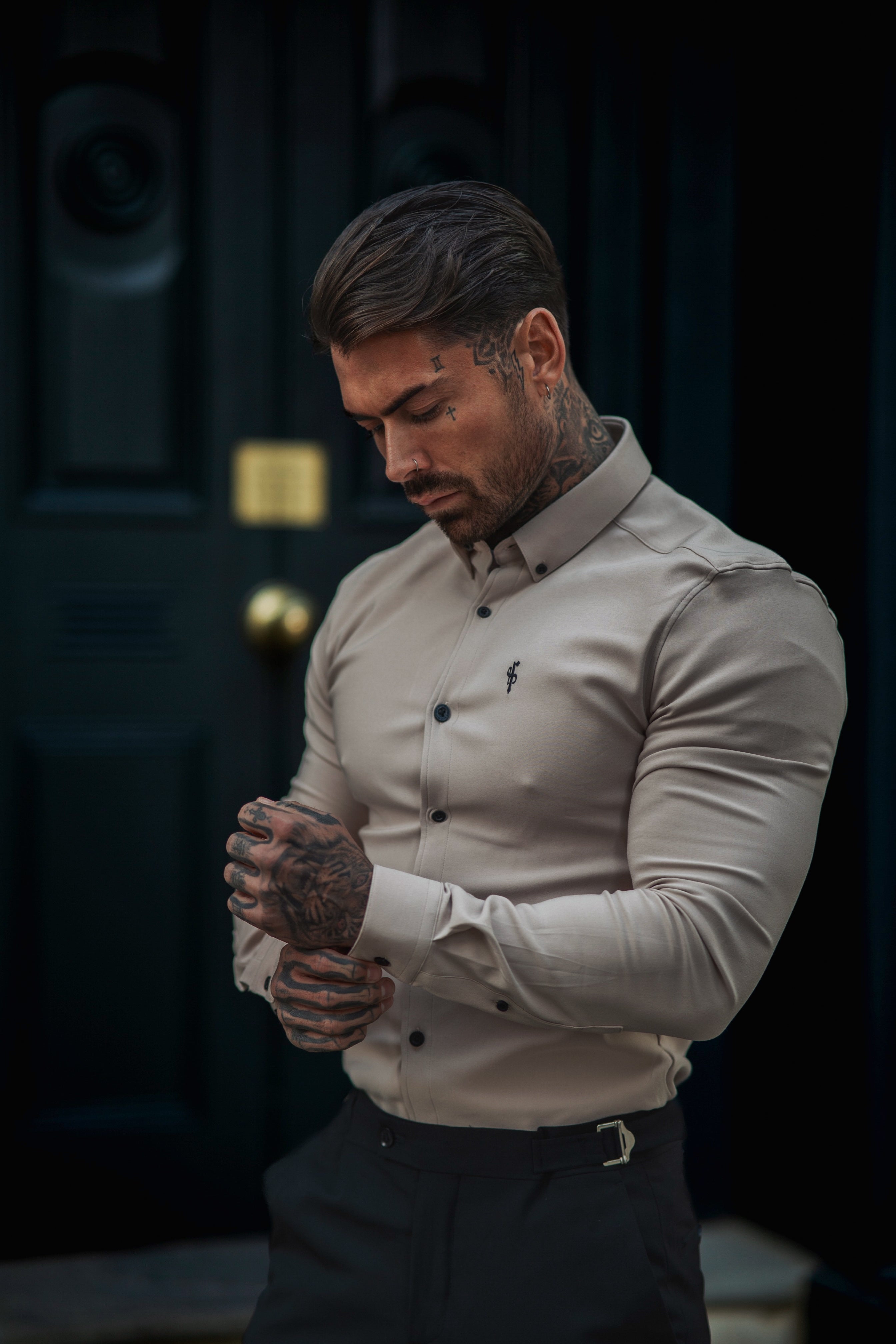 Super Slim Scuba Beige / Black Long Sleeve Stretch - FS738