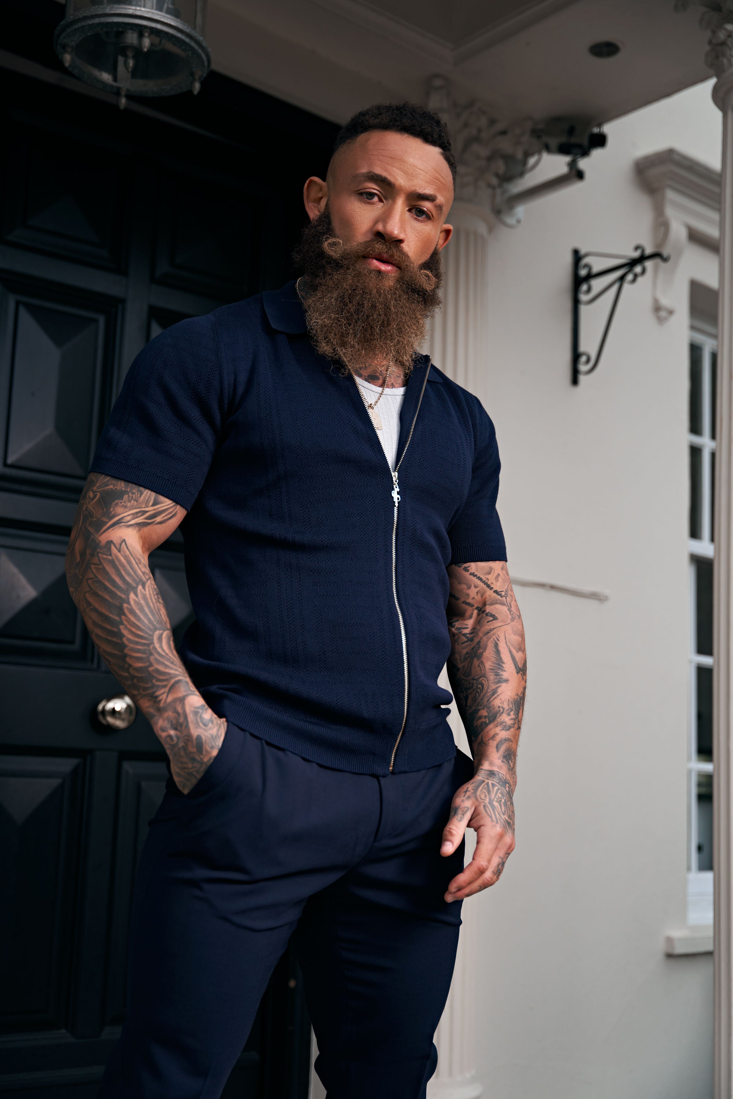 Classic Knitted Geo Design With Full Length Zip Navy Short Sleeve - FSN149