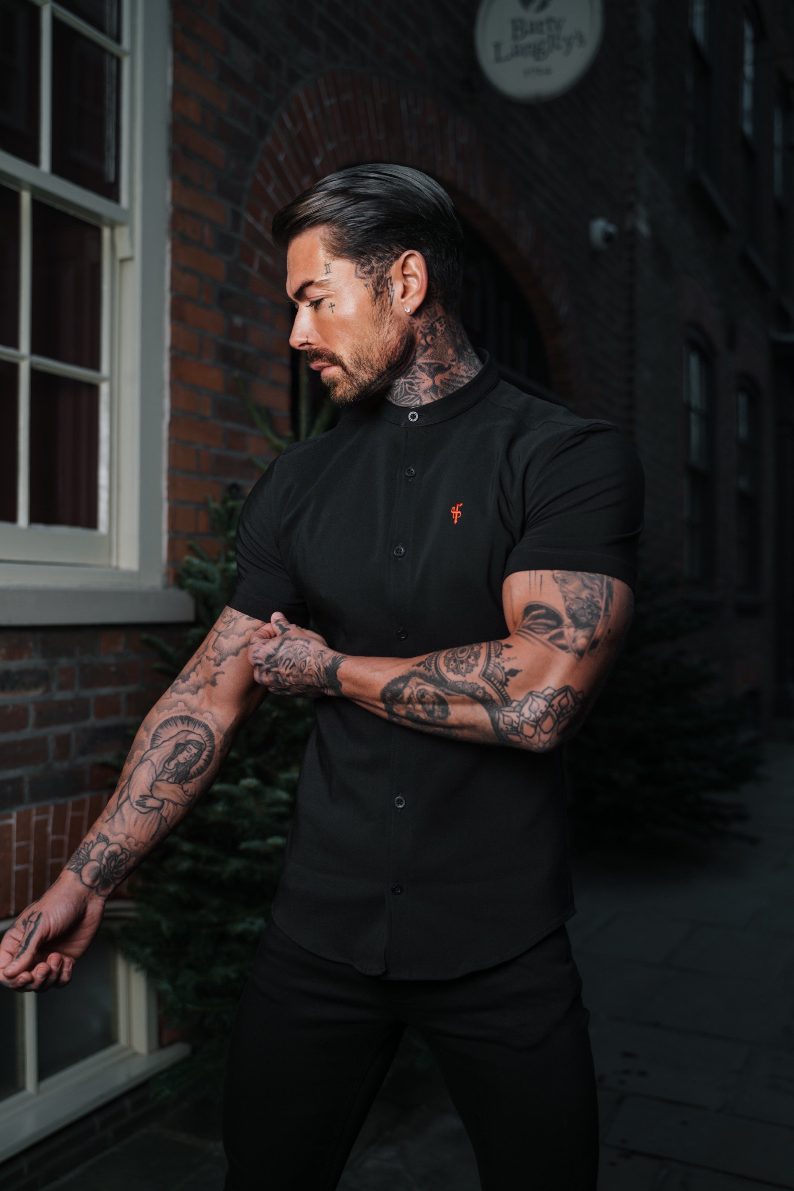 Super Slim Scuba Black Short Sleeve Stretch With Grandad Collar - FS930
