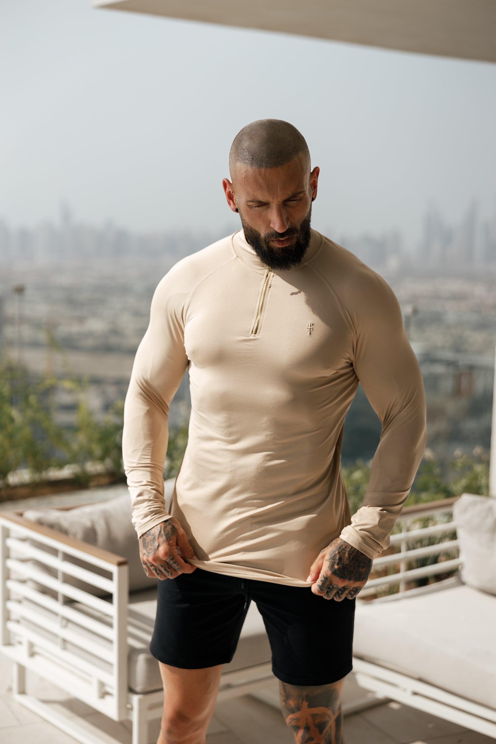 Long Sleeve Beige / Gold Half Zip Gym Top - FSH892