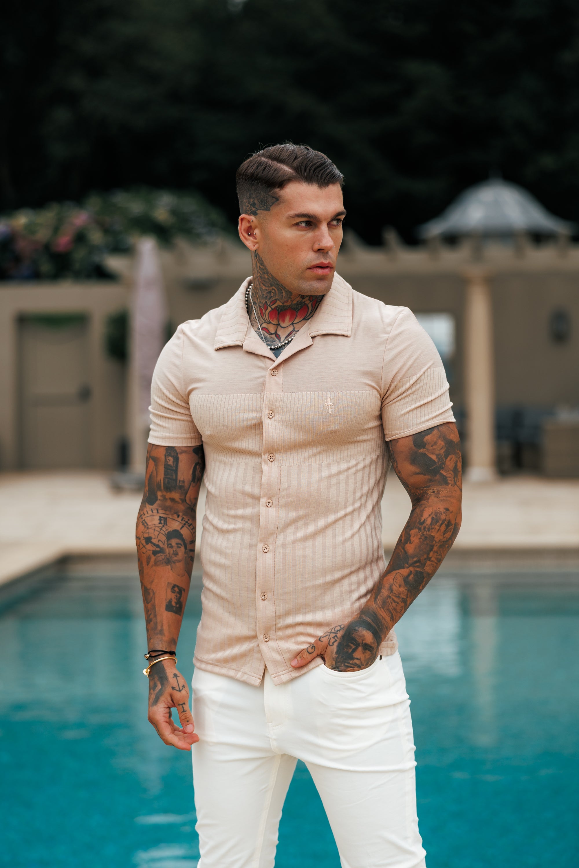 Jersey Revere Vertical Stripe Beige Shirt Short Sleeve - FSR026