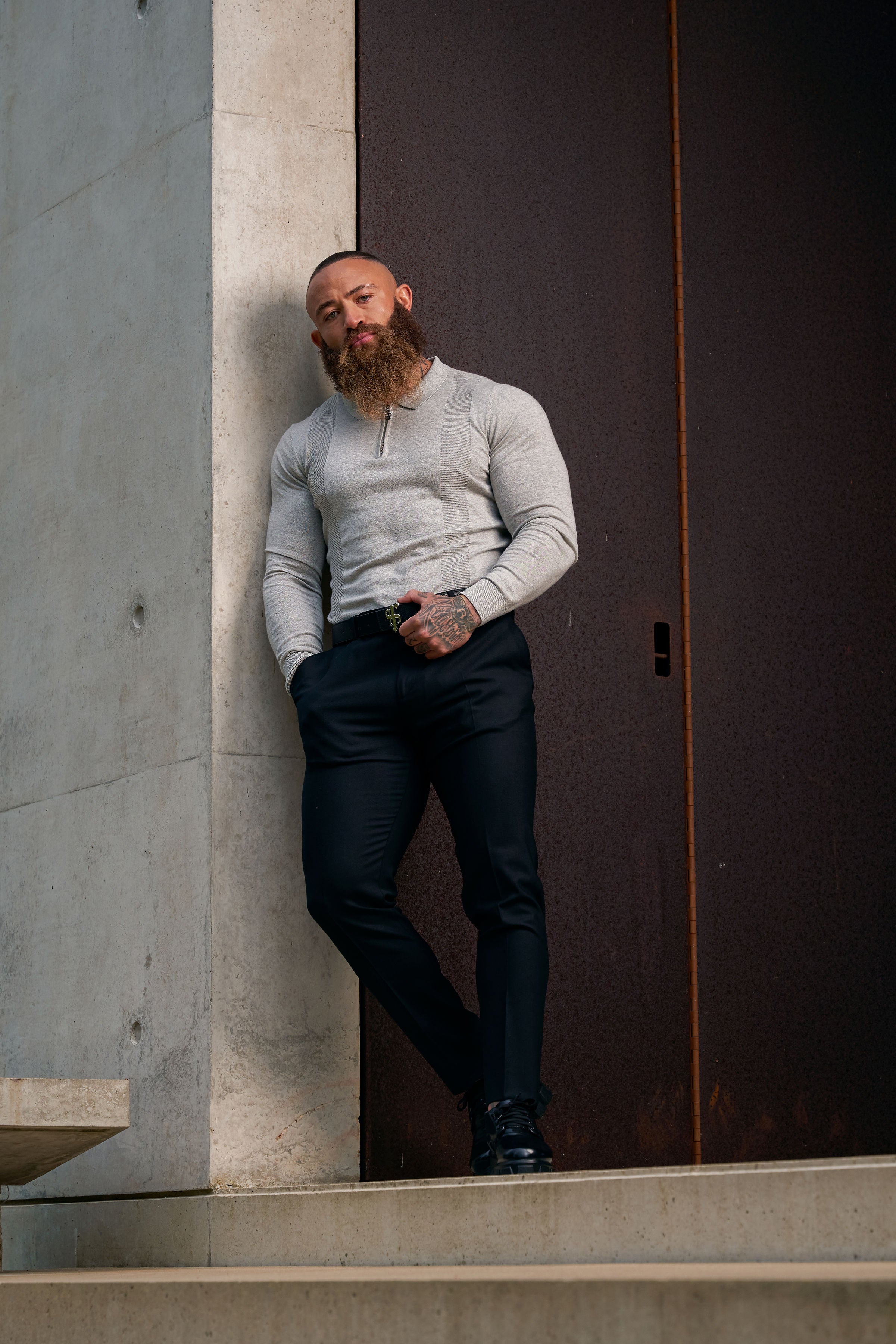 Classic Grey Marl and Silver Zip Knitted Polo Shirt Long Sleeve - FSN127