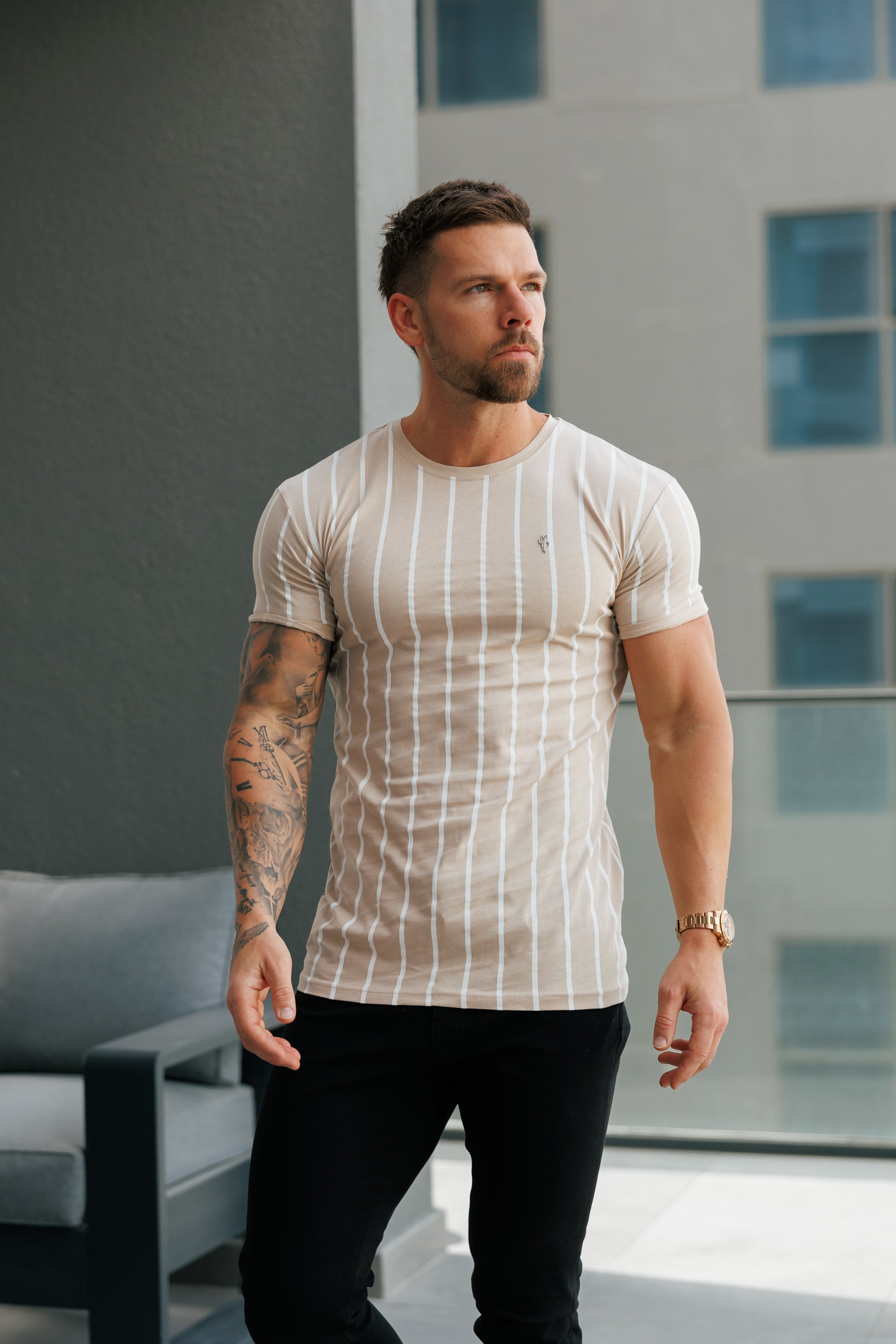 Printed Taupe / White Stripe Fitted T Shirt - FSH1170