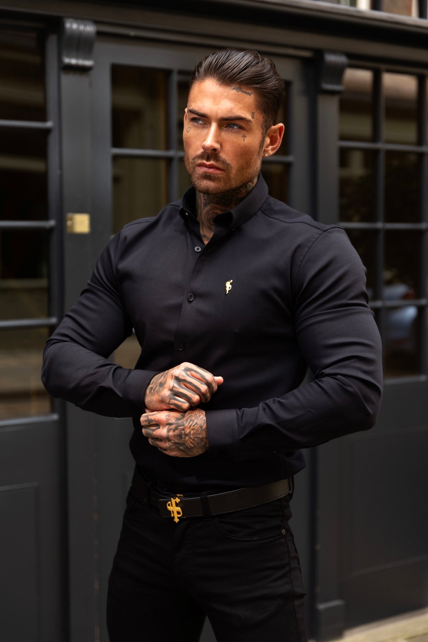 Super Slim Stretch Black Denim Long Sleeve with Gold Metal Decal and Button Down Collar - FS1040