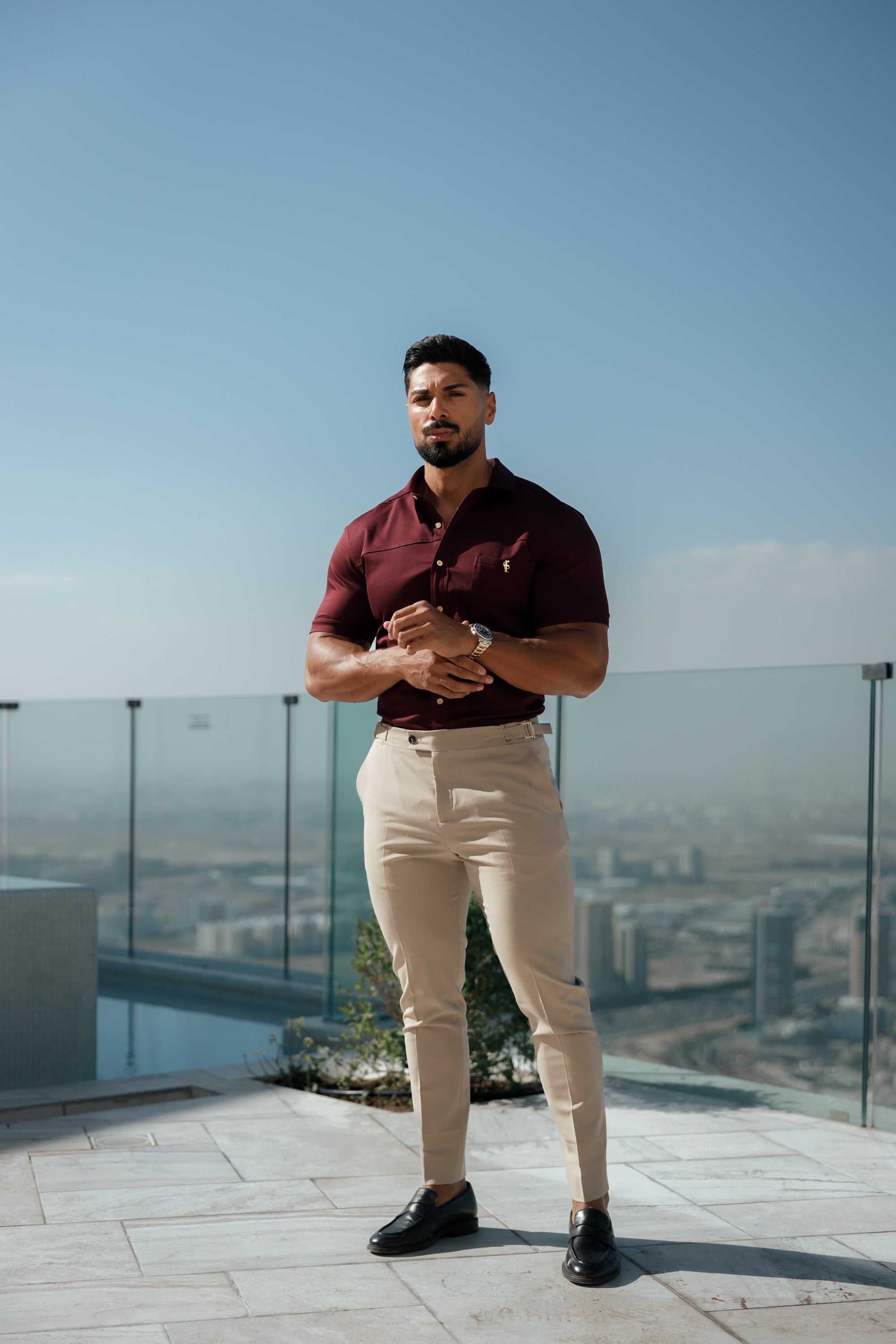 Super Slim Stretch Burgundy Denim Short Sleeve with Horizontal Seam and Pocket- FS961