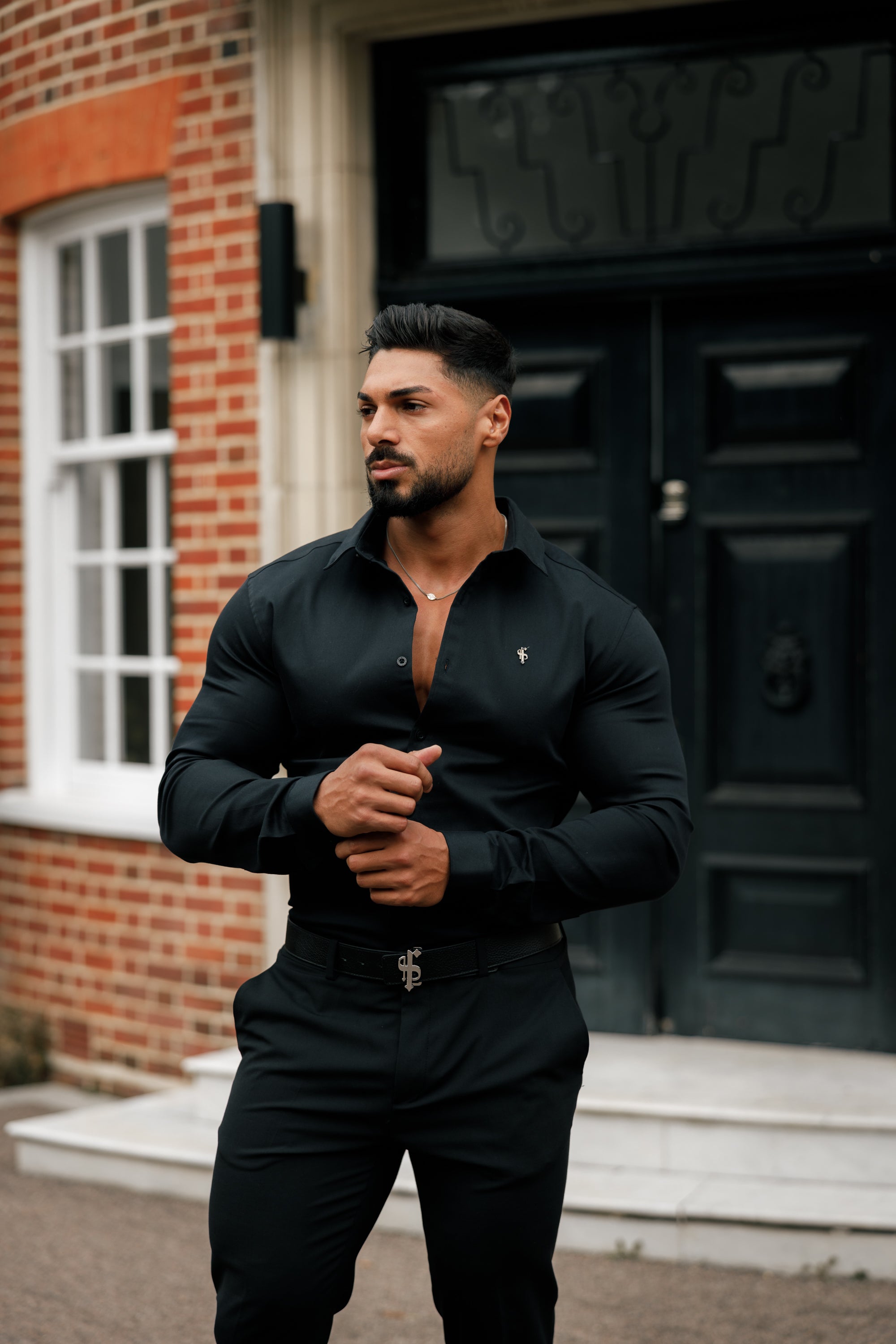 Super Slim Stretch Black Denim Long Sleeve with Metal Decal Emblem - FS642