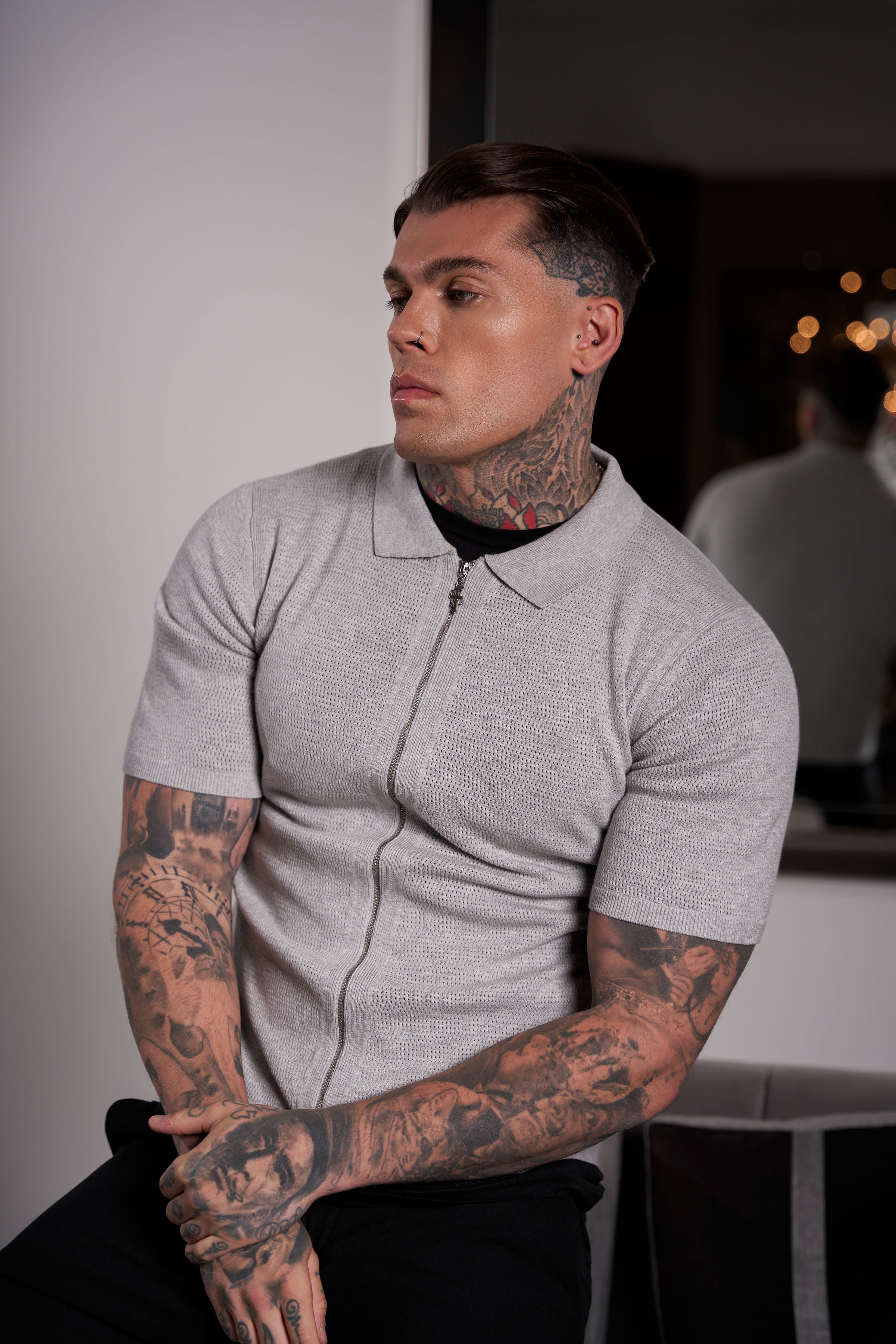 Classic Knitted Textured Design With Full Length Zip Light Grey Short Sleeve - FSN154