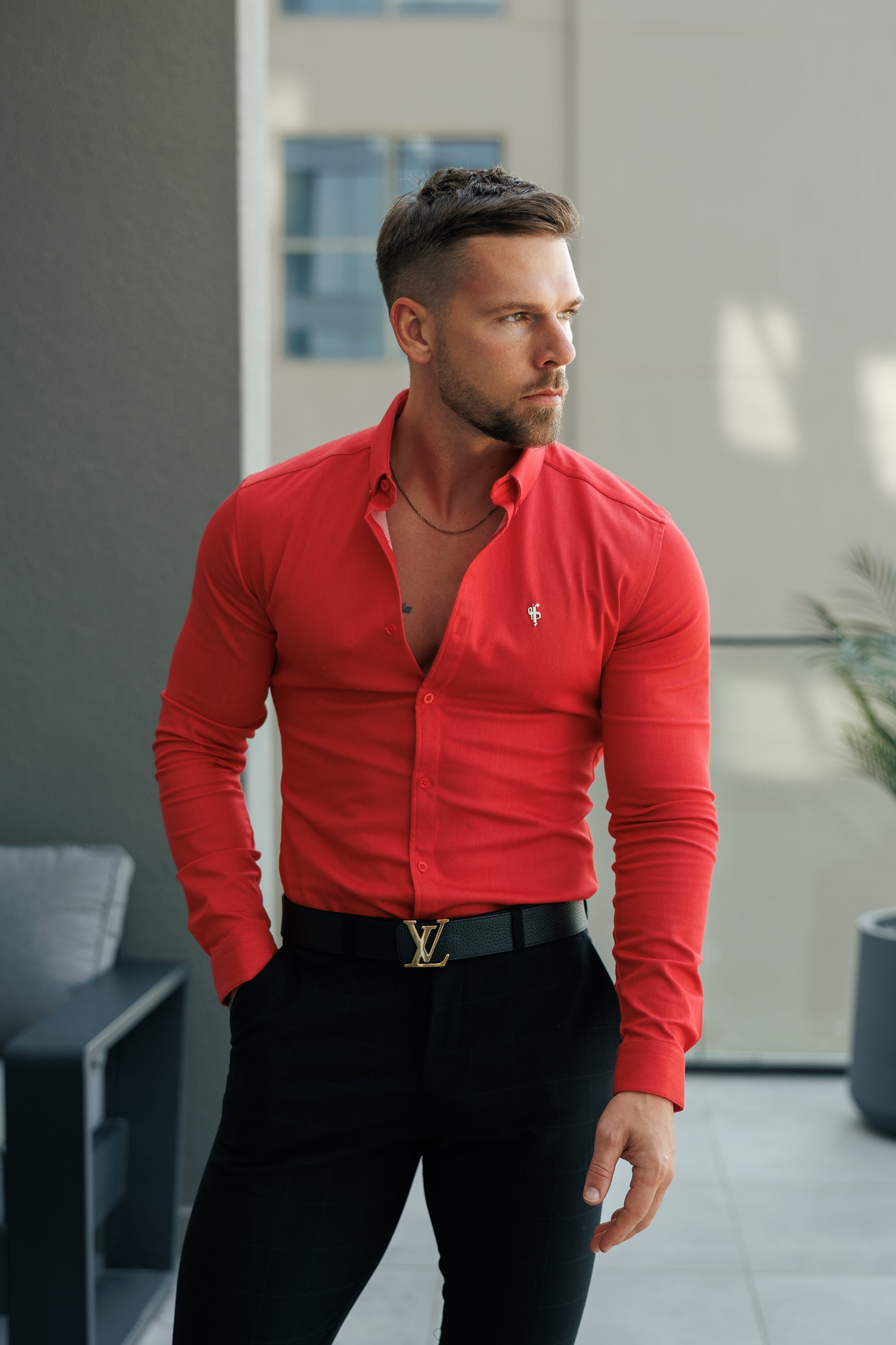 Super Slim Stretch Postbox Red Denim Long Sleeve with Button Down Collar - FS1134