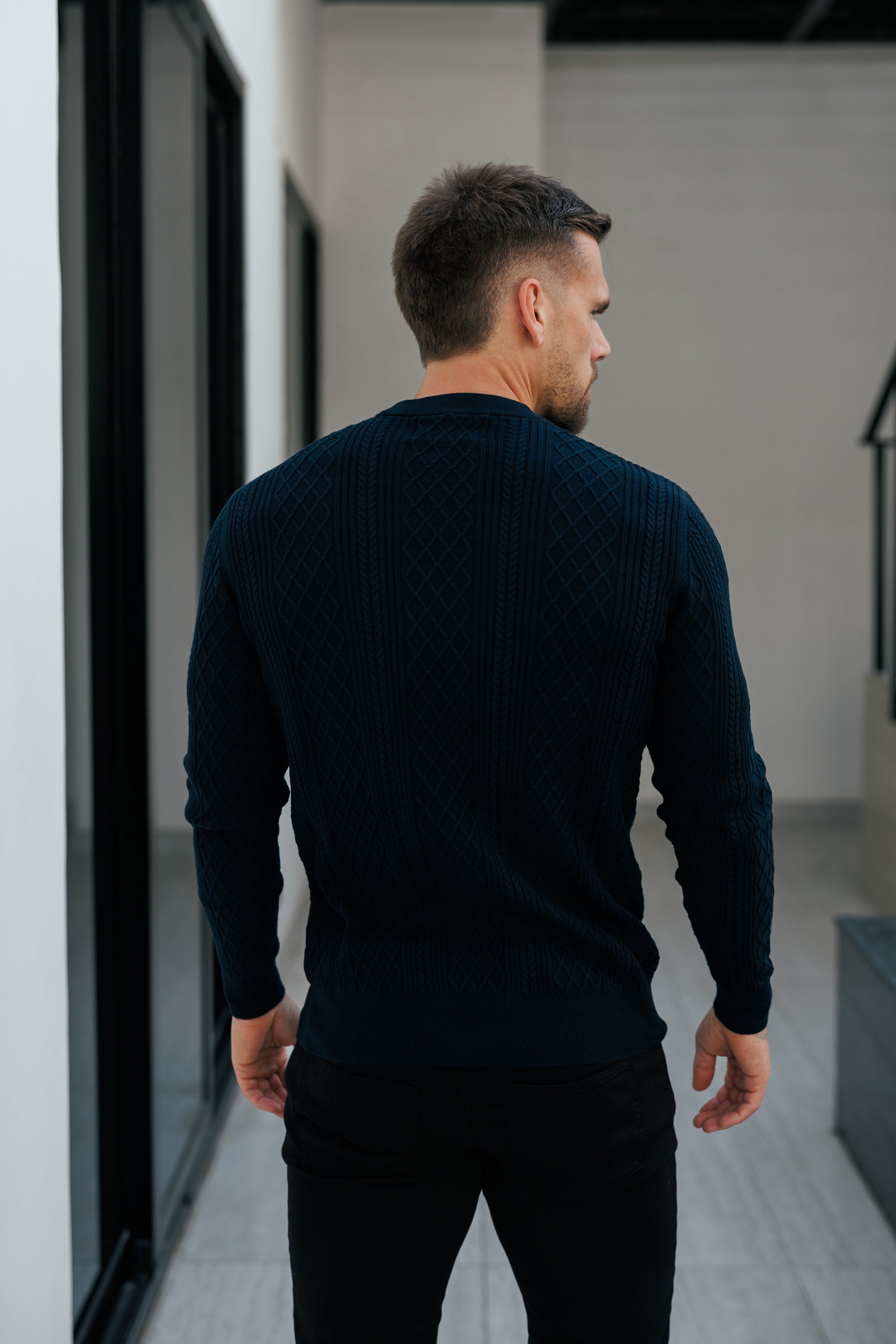 Fine Knit Diamond Navy Jumper Long Sleeve - FSA007