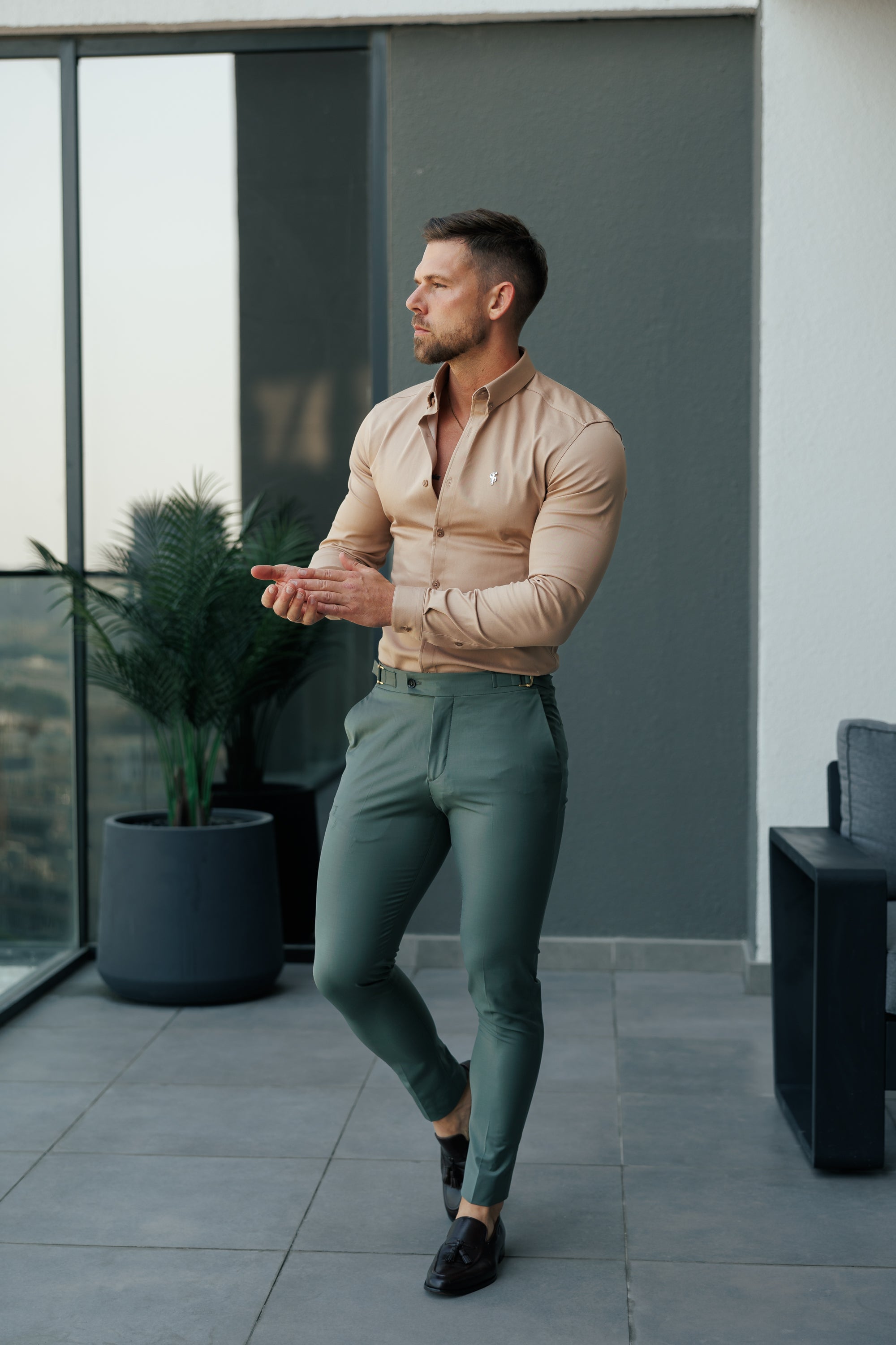 Slim Formal Khaki Stretch Trousers with Side Adjusters - FST026