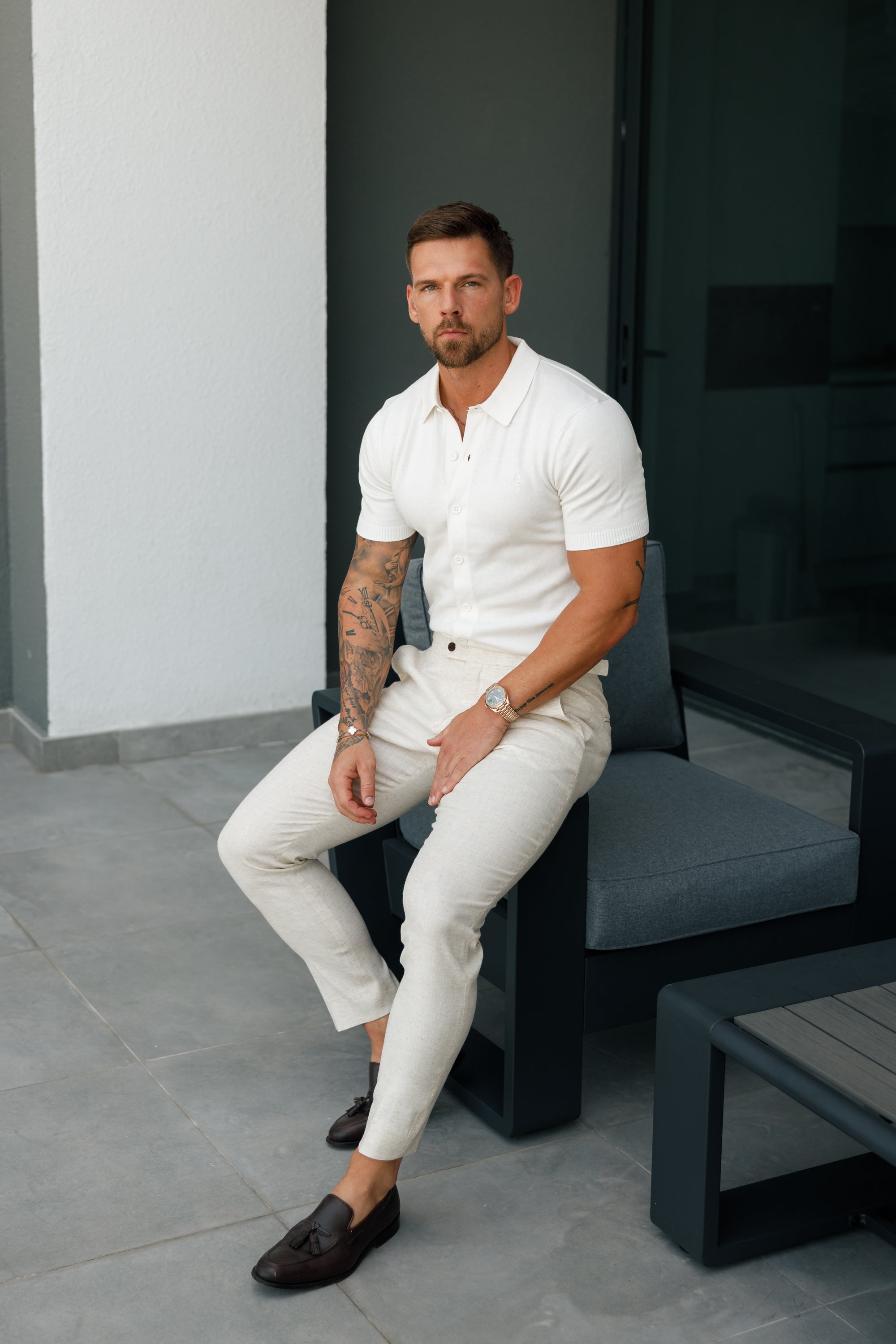 Classic Plain Off White Knitted Button Through Polo Short Sleeve - FSN165