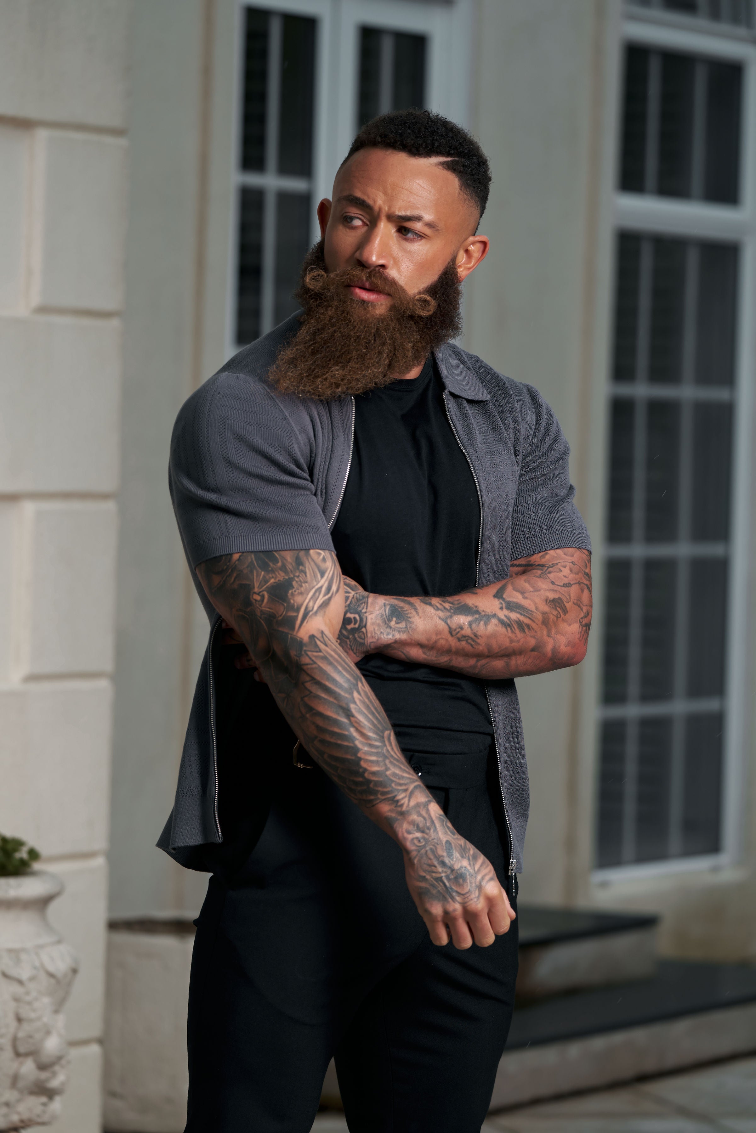 Classic Knitted Geo Design With Full Length Zip Gunmetal Short Sleeve - FSN150