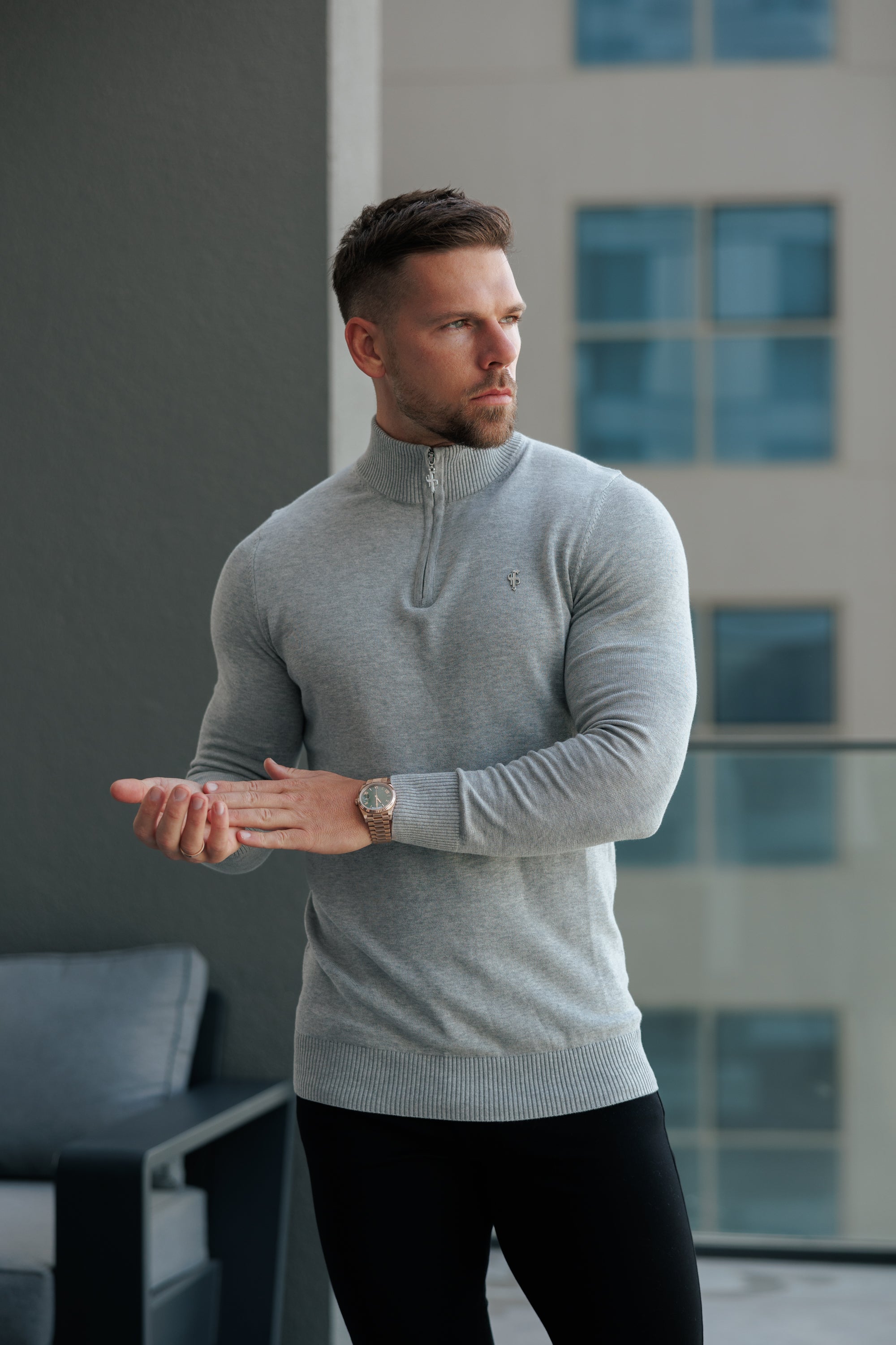Light Grey Funnel Neck Knitted Jumper With FS Branding - FSN193