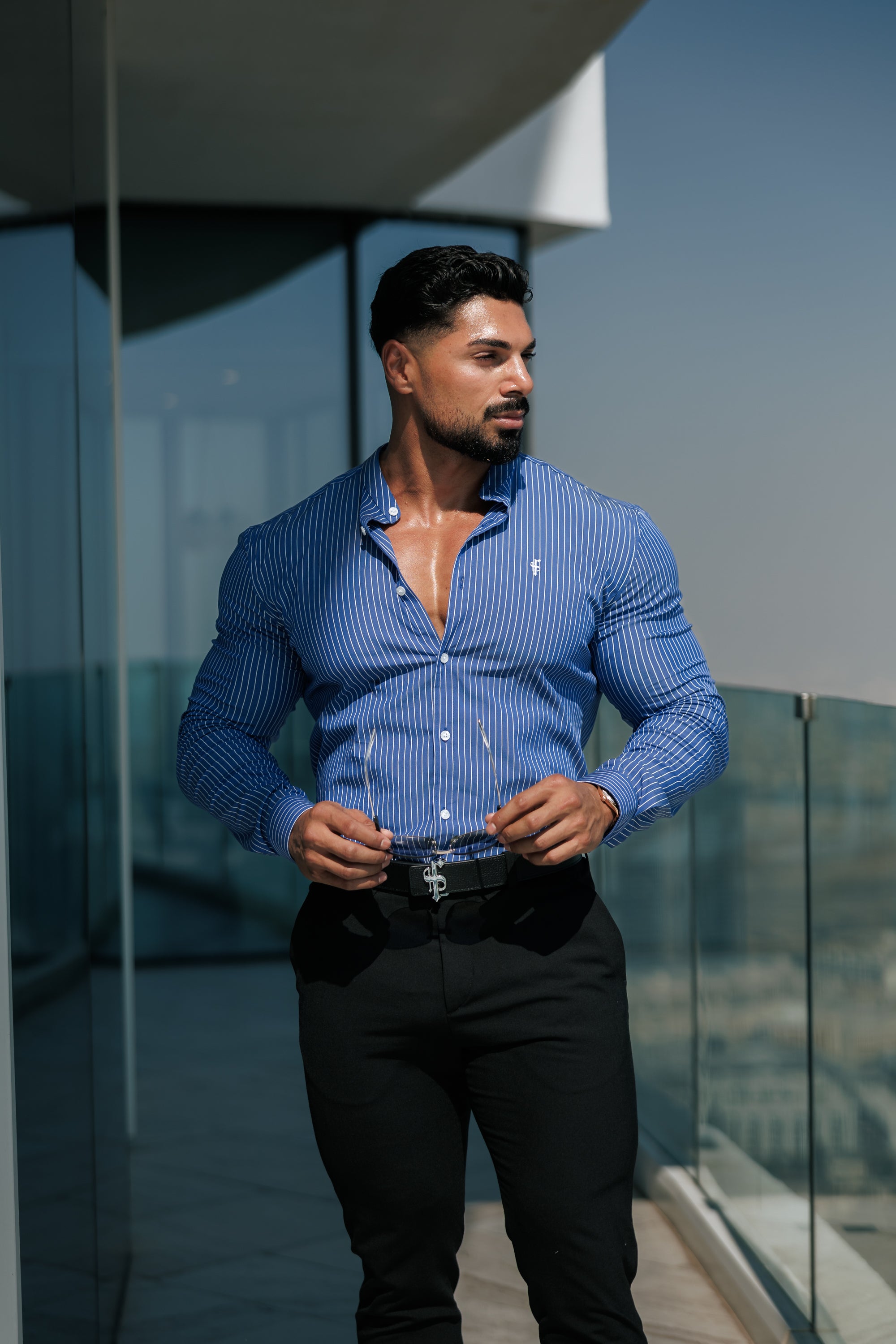 Super Slim Stretch Ocean Blue Printed Pinstripe Long Sleeve with Grandad Collar - FS1063