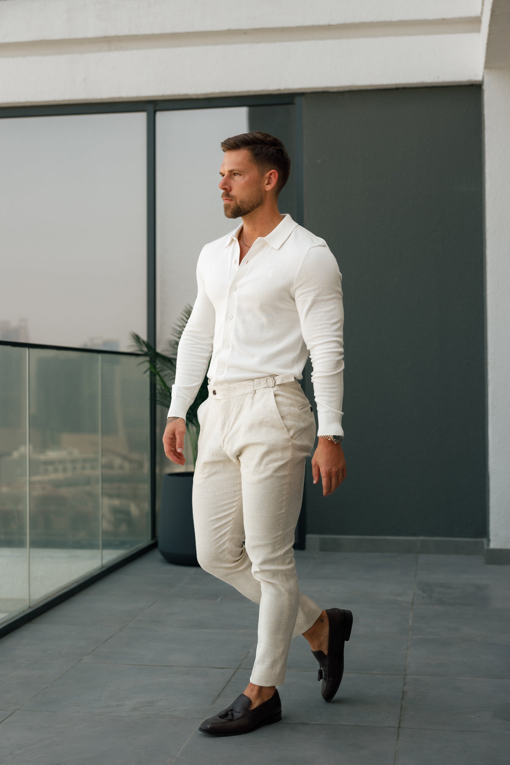 Classic Plain Off White Knitted Button Through Polo Long Sleeve - FSN172